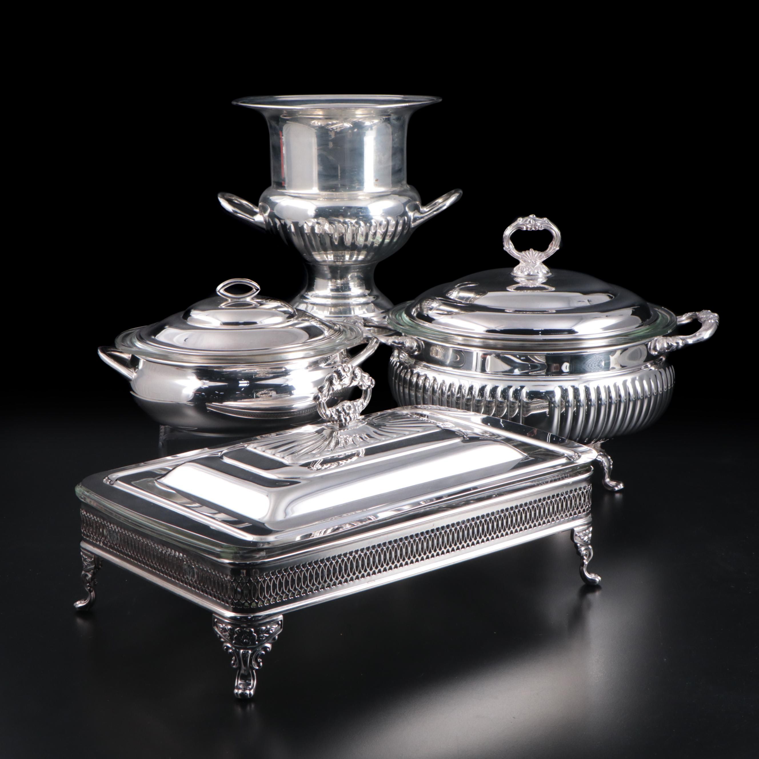 Gorham Silver Plate Casserole Dishes, Electric Food Warmer and Other Wine Bucket