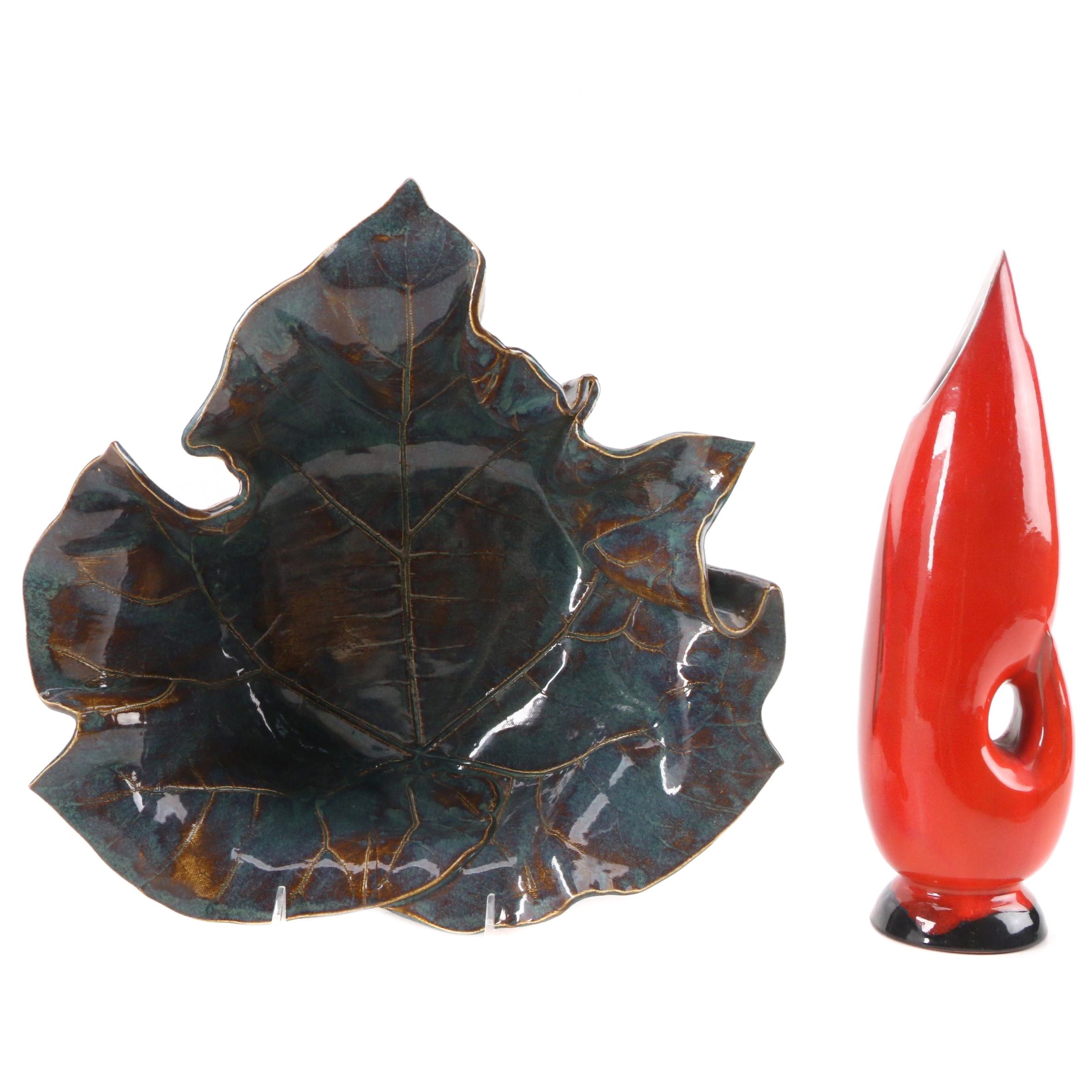 Cheryl Foster Free-Form Leaf Pottery Bowl with Frankoma Ceramic Vase