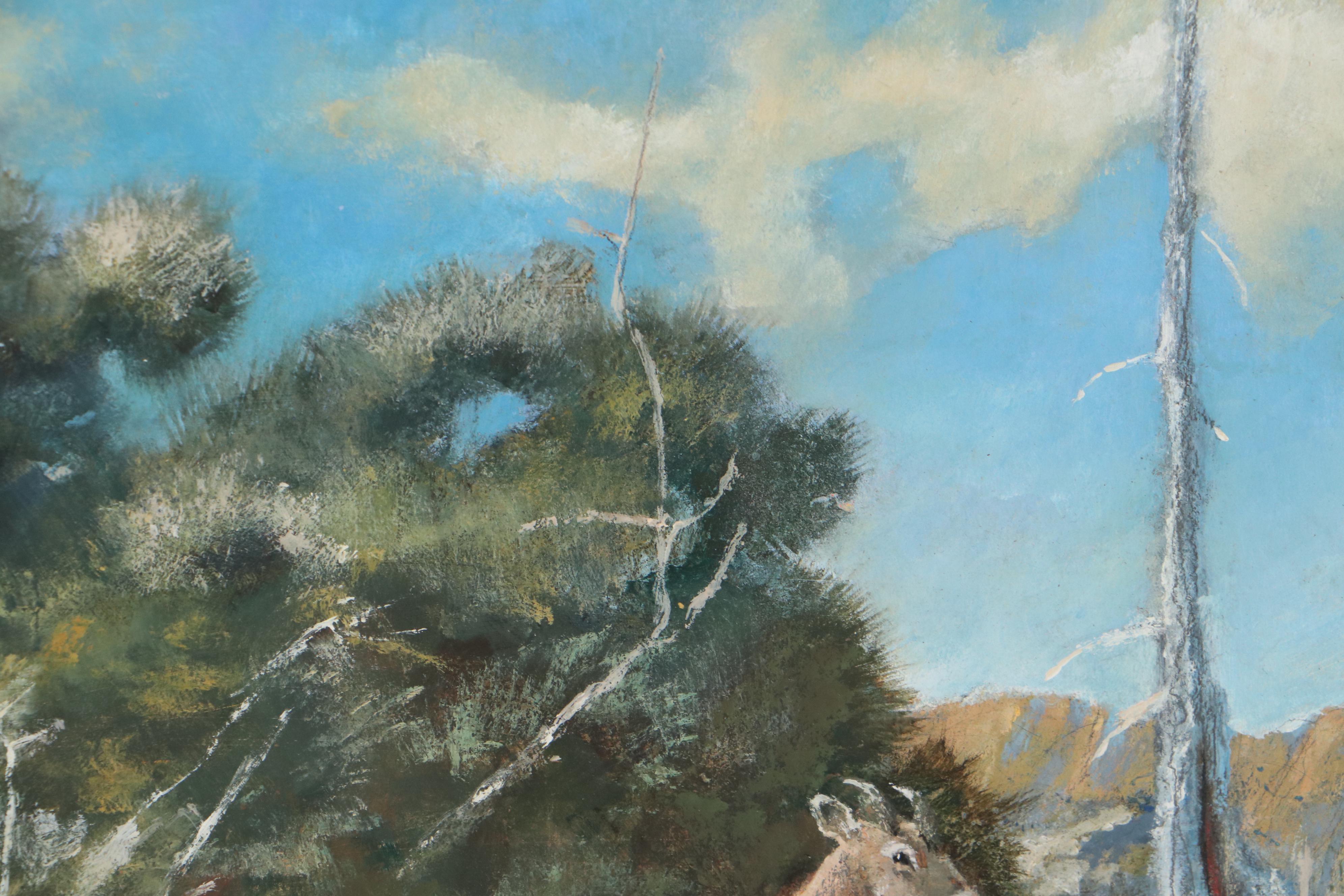 Bob Kuhn Wildlife Oil Painting of Mountain Lion Chasing Sheep, Late 20th Century
