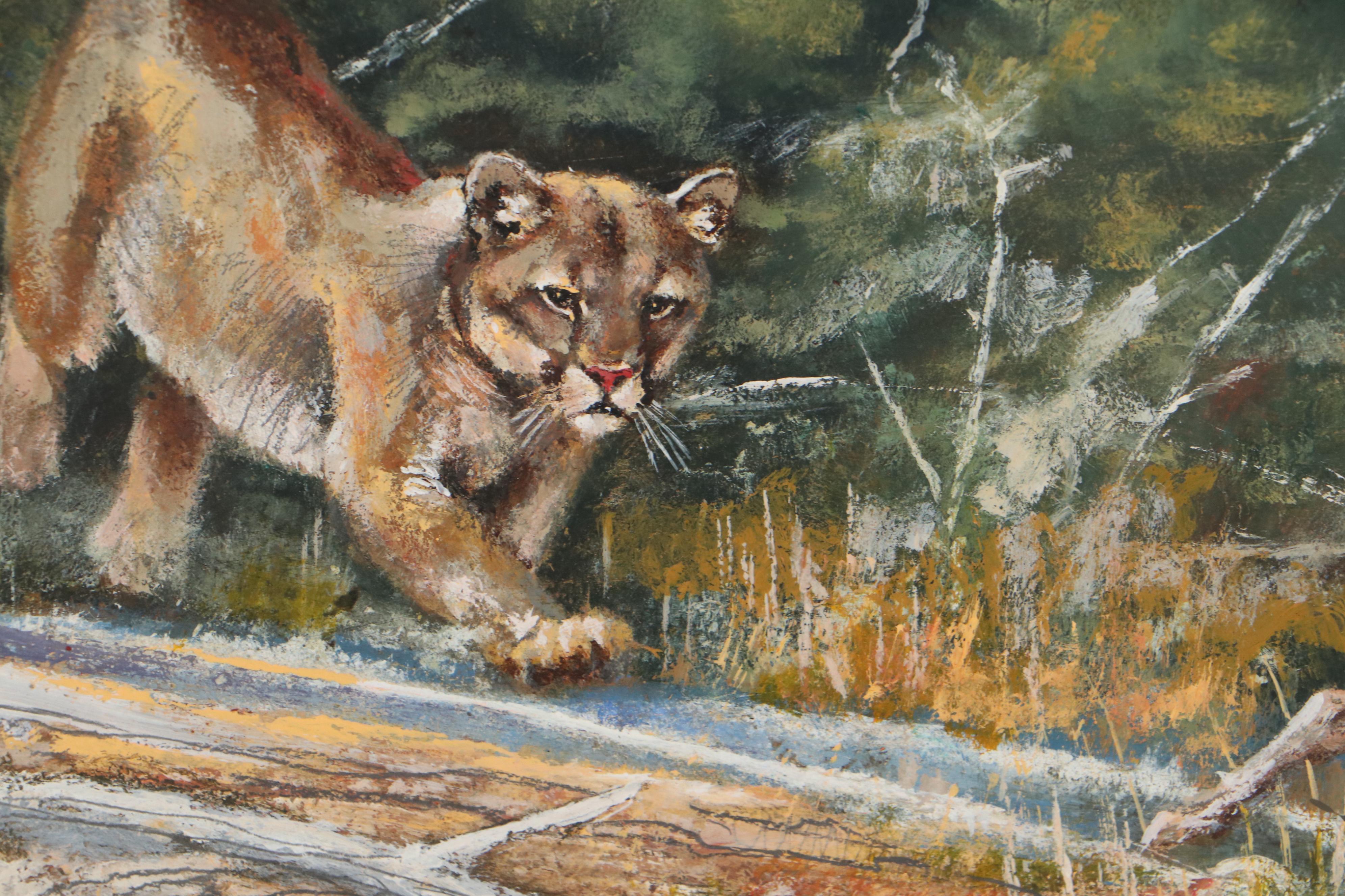 Bob Kuhn Wildlife Oil Painting of Mountain Lion Chasing Sheep, Late 20th Century