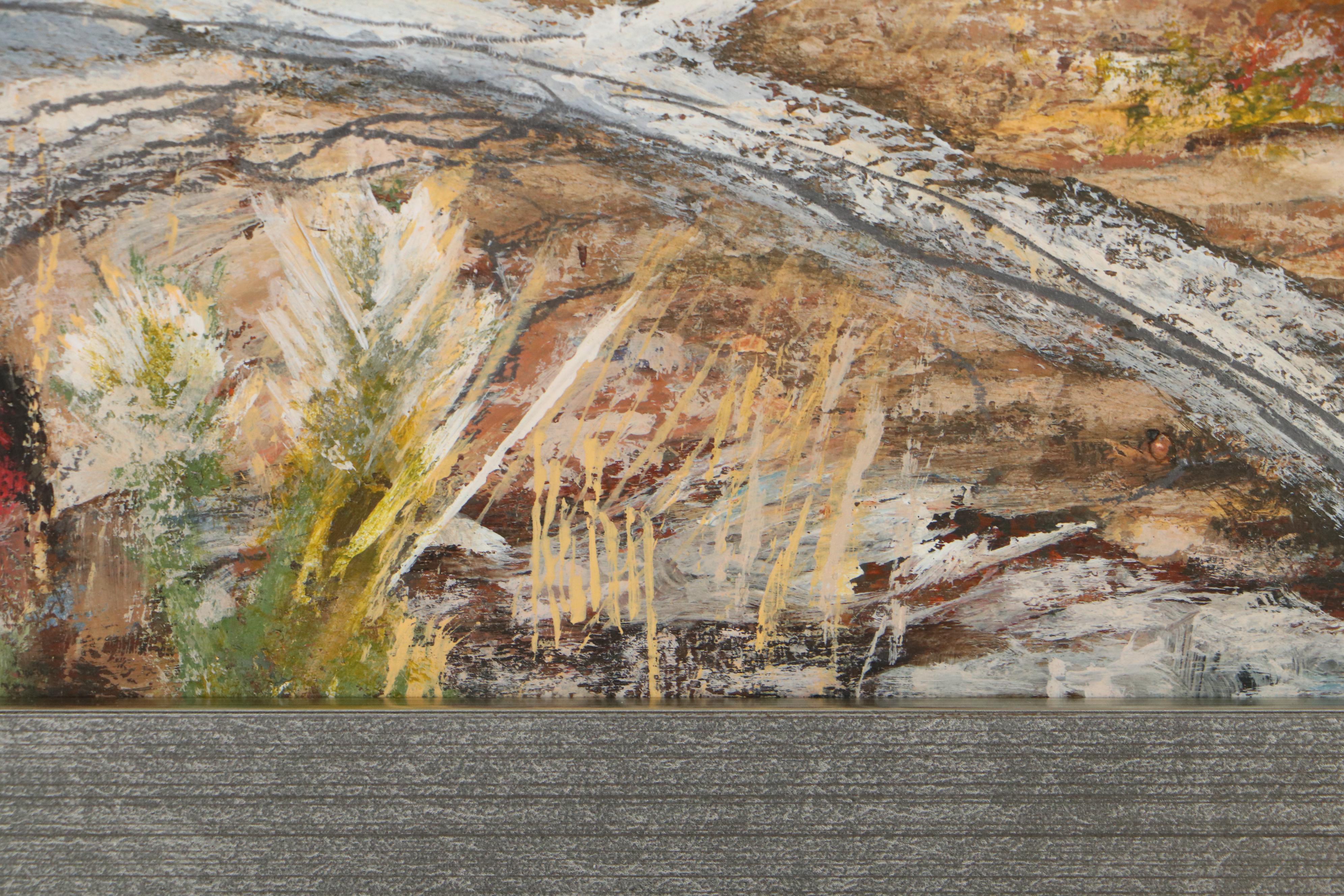 Bob Kuhn Wildlife Oil Painting of Mountain Lion Chasing Sheep, Late 20th Century