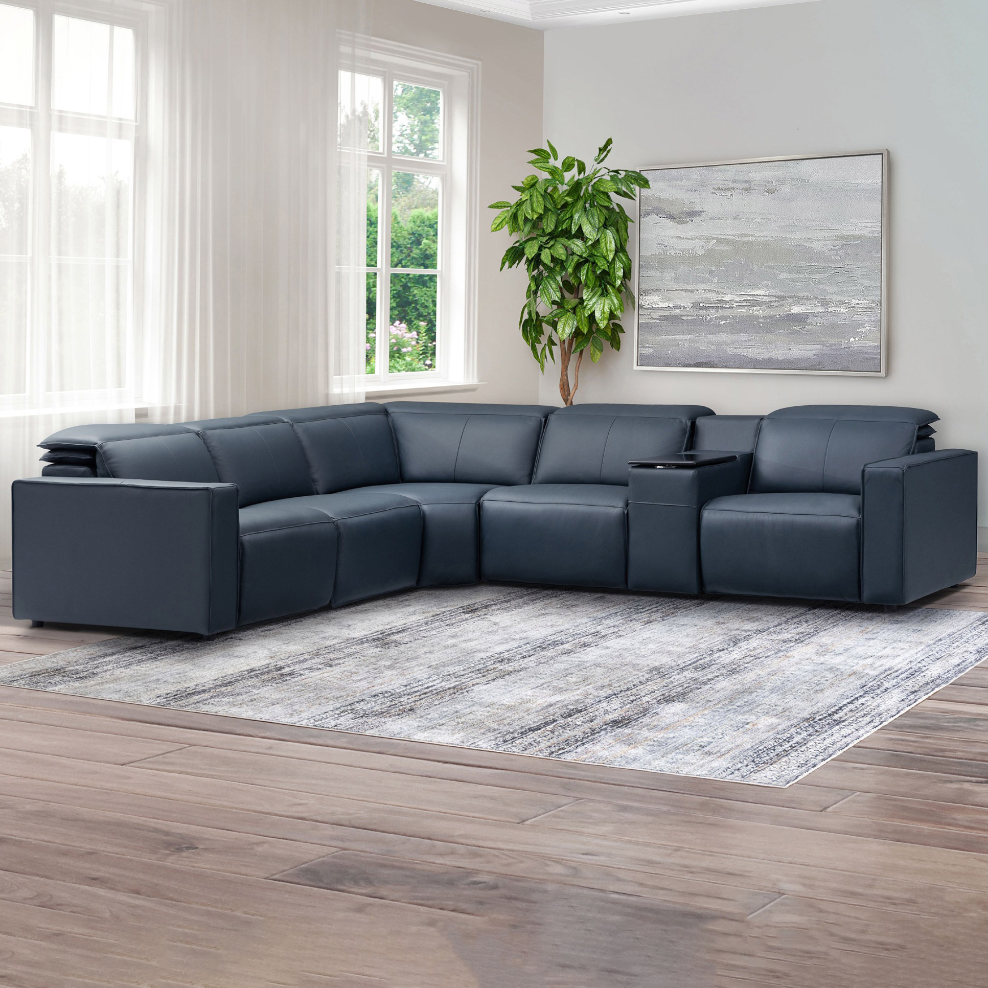 Abbyson "Blythe" Power Reclining Navy Leather Sectional with Power Headrests