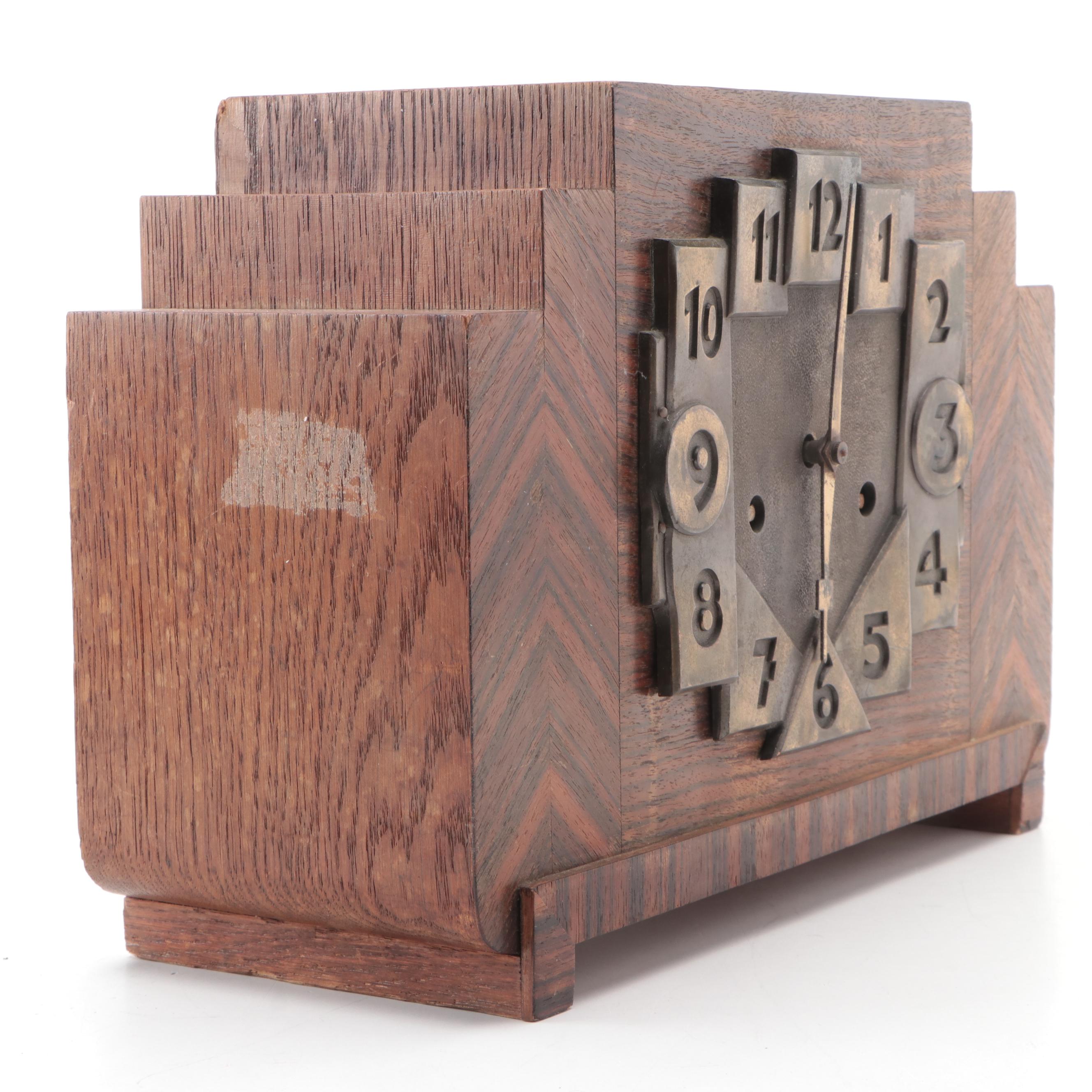 Art Deco German Stained Oak and Brass Mantel Clock, circa 1930s