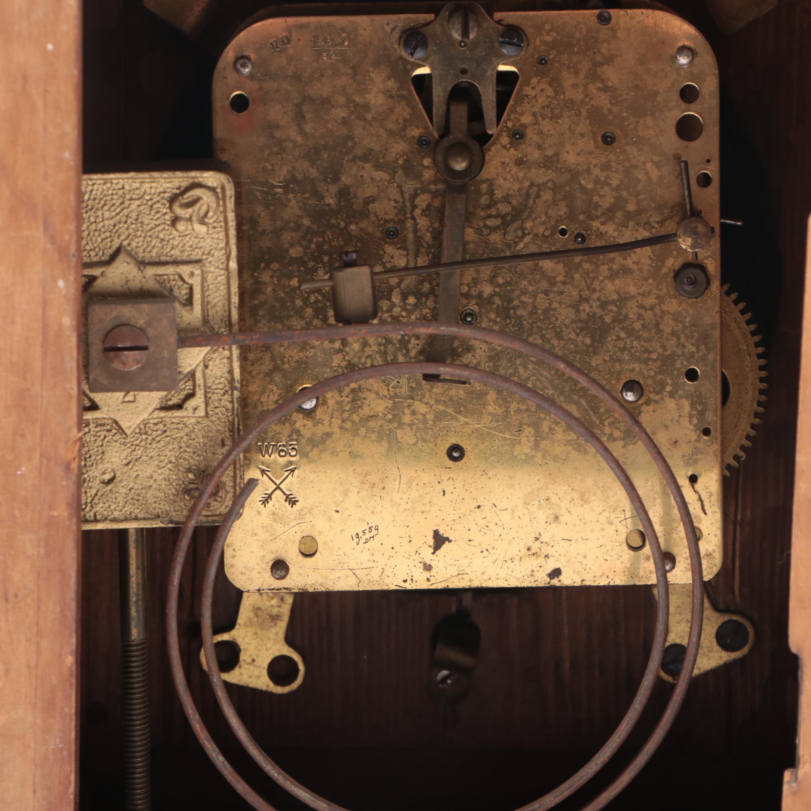 Art Deco German Stained Oak and Brass Mantel Clock, circa 1930s