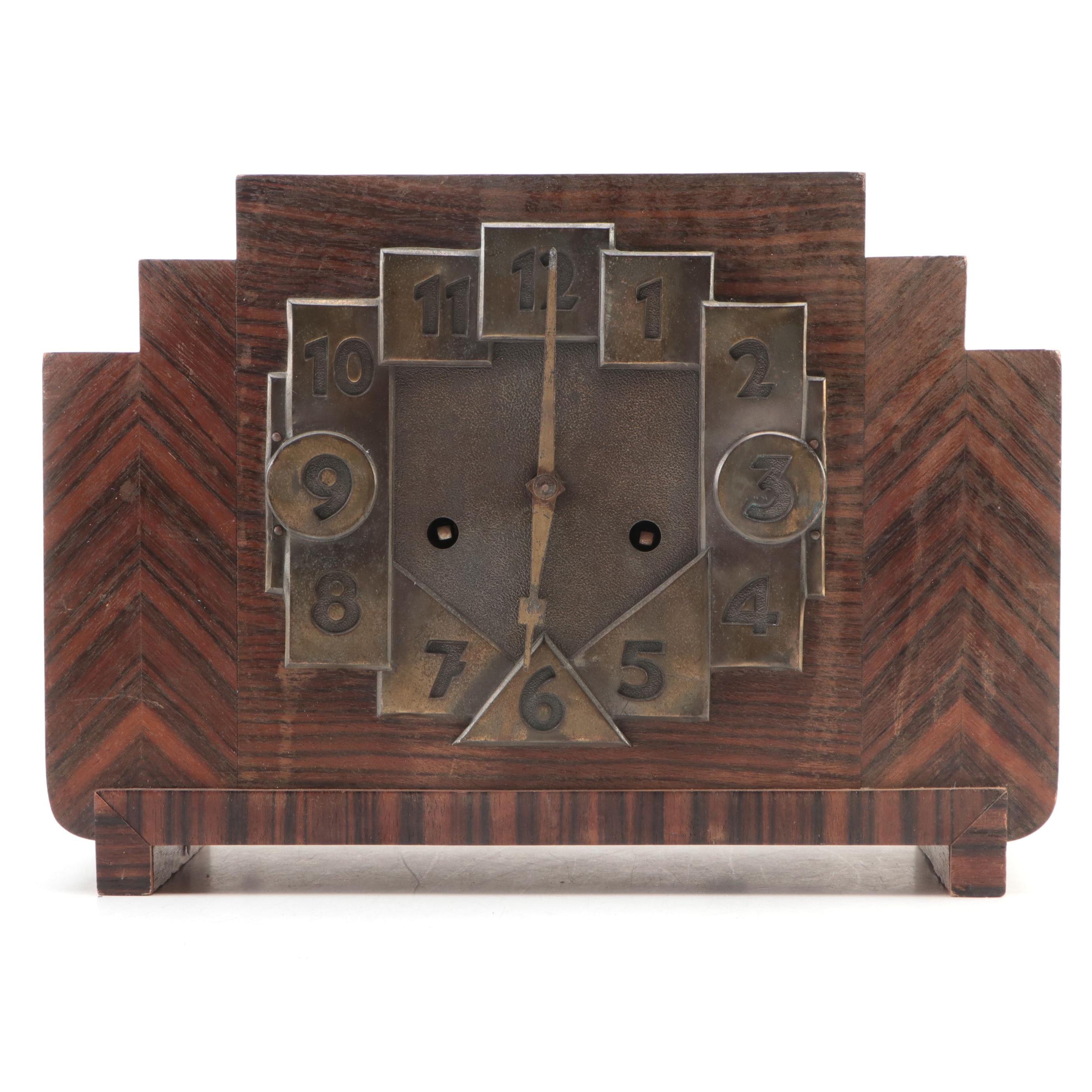 Art Deco German Stained Oak and Brass Mantel Clock, circa 1930s
