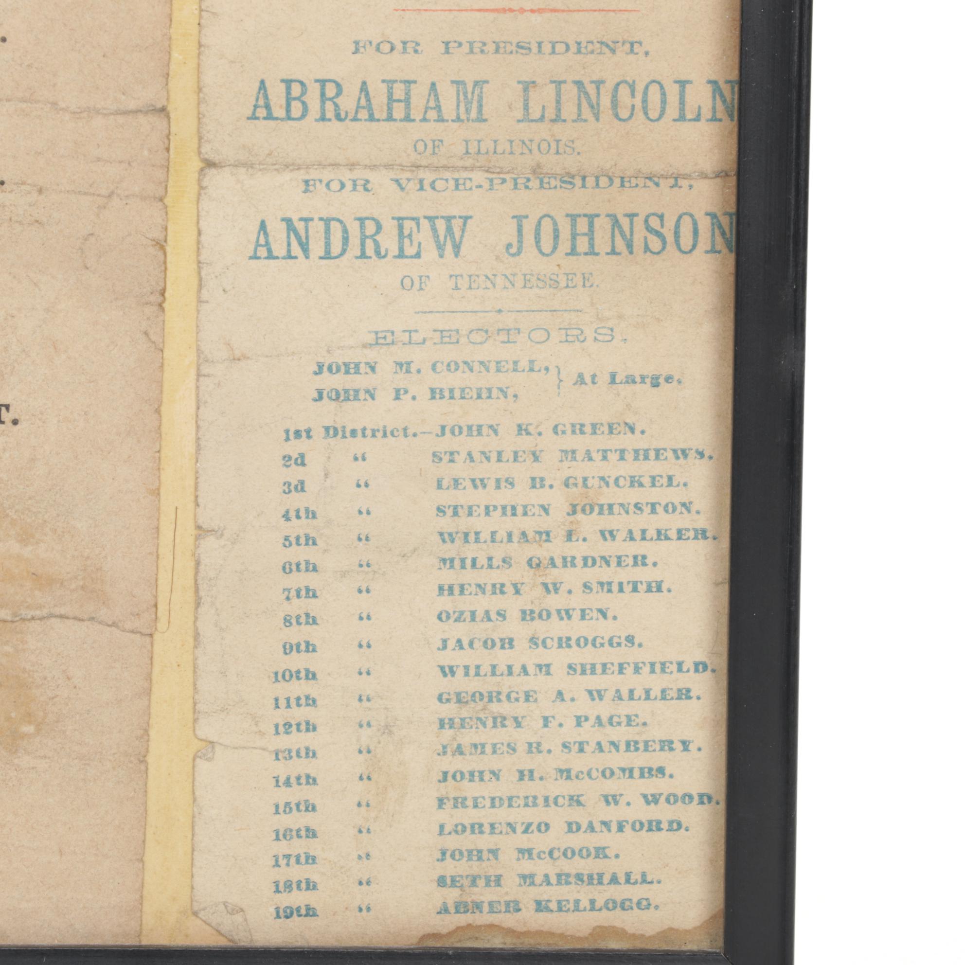 1864 Abraham Lincoln Presidential Election Ticket with Ohio Union Party Ticket