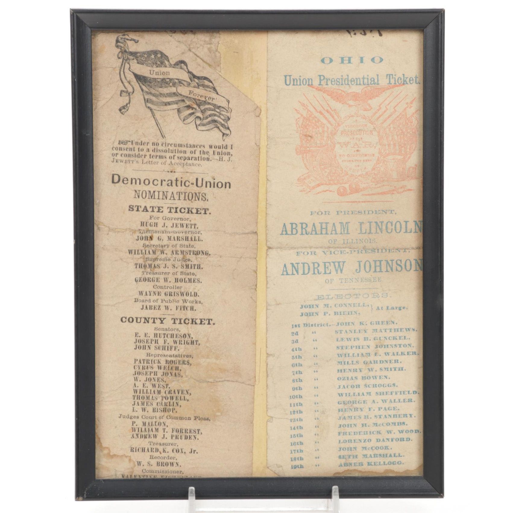 1864 Abraham Lincoln Presidential Election Ticket with Ohio Union Party Ticket
