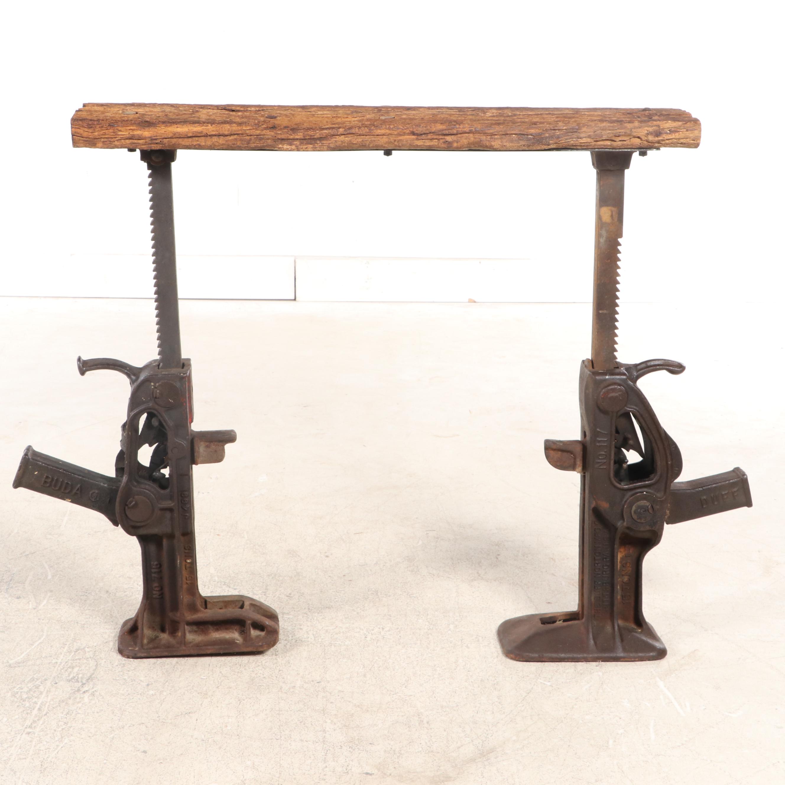 Industrial Cast Iron and Reclaimed Wood Adjustable Ratchet-Jack Stand