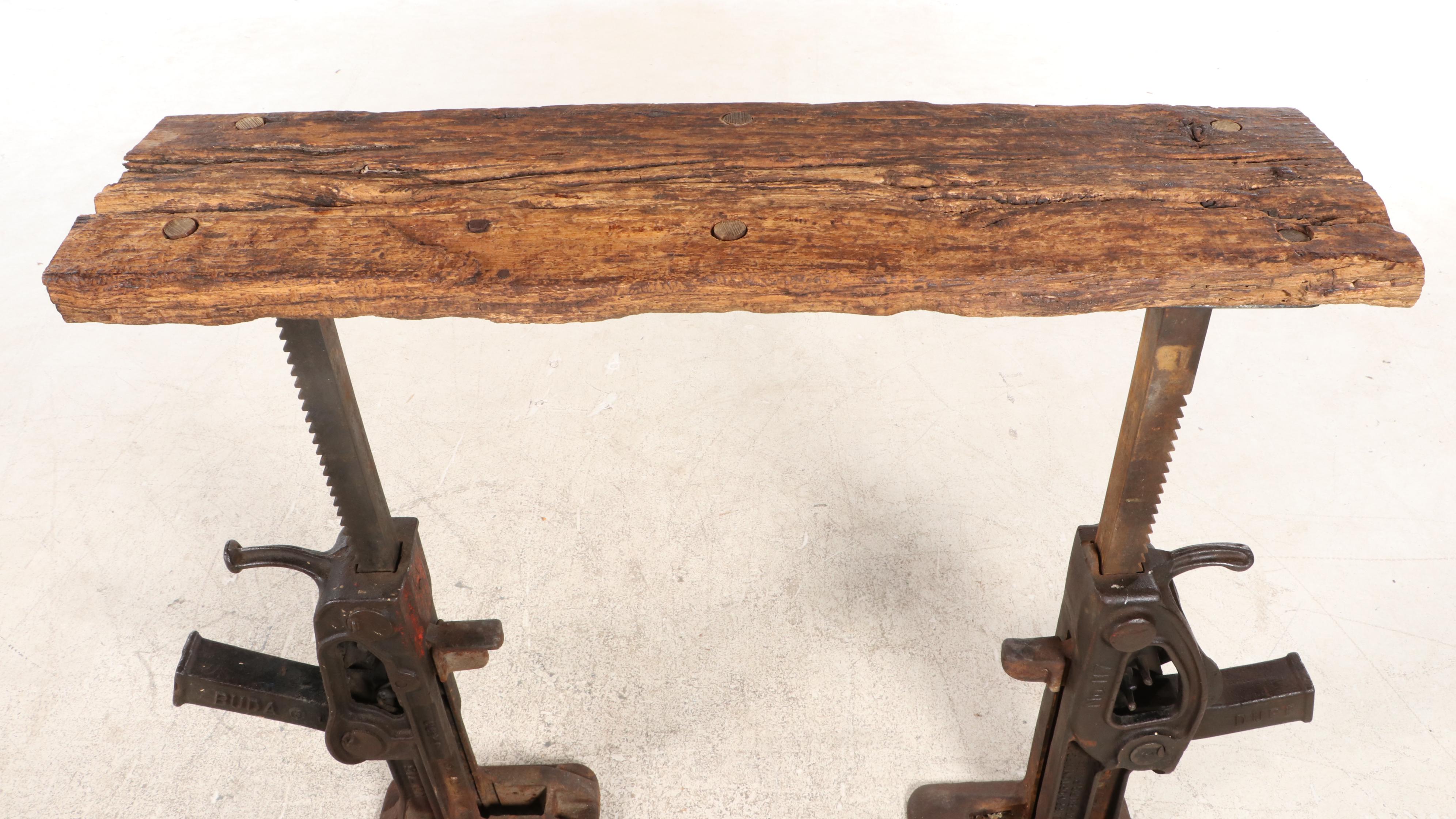 Industrial Cast Iron and Reclaimed Wood Adjustable Ratchet-Jack Stand