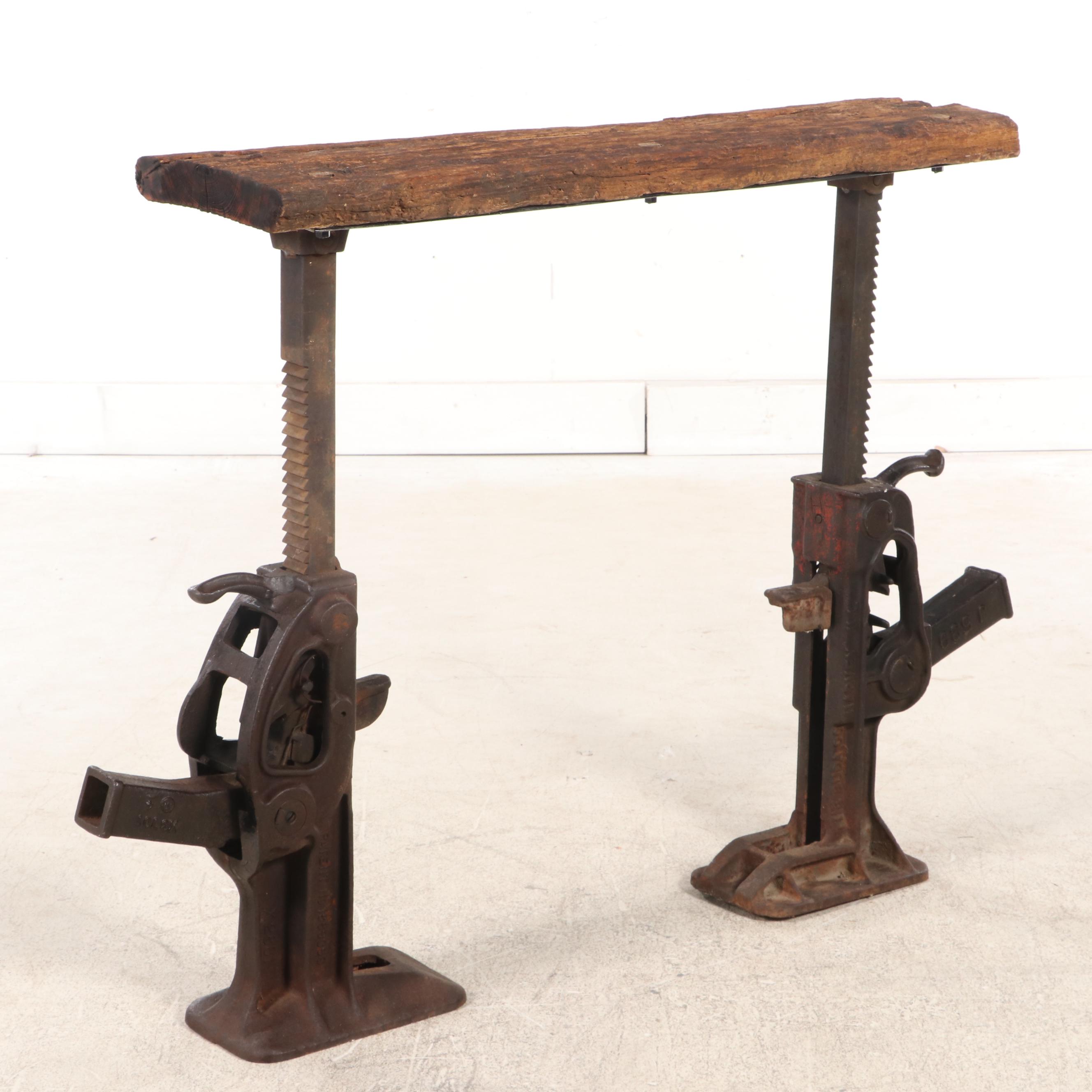 Industrial Cast Iron and Reclaimed Wood Adjustable Ratchet-Jack Stand