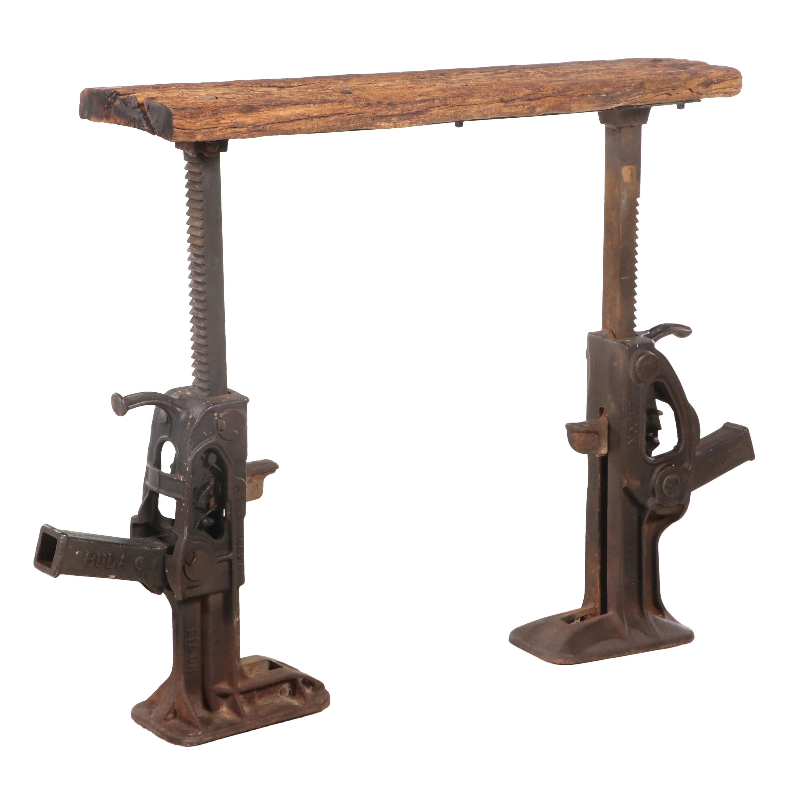 Industrial Cast Iron and Reclaimed Wood Adjustable Ratchet-Jack Stand