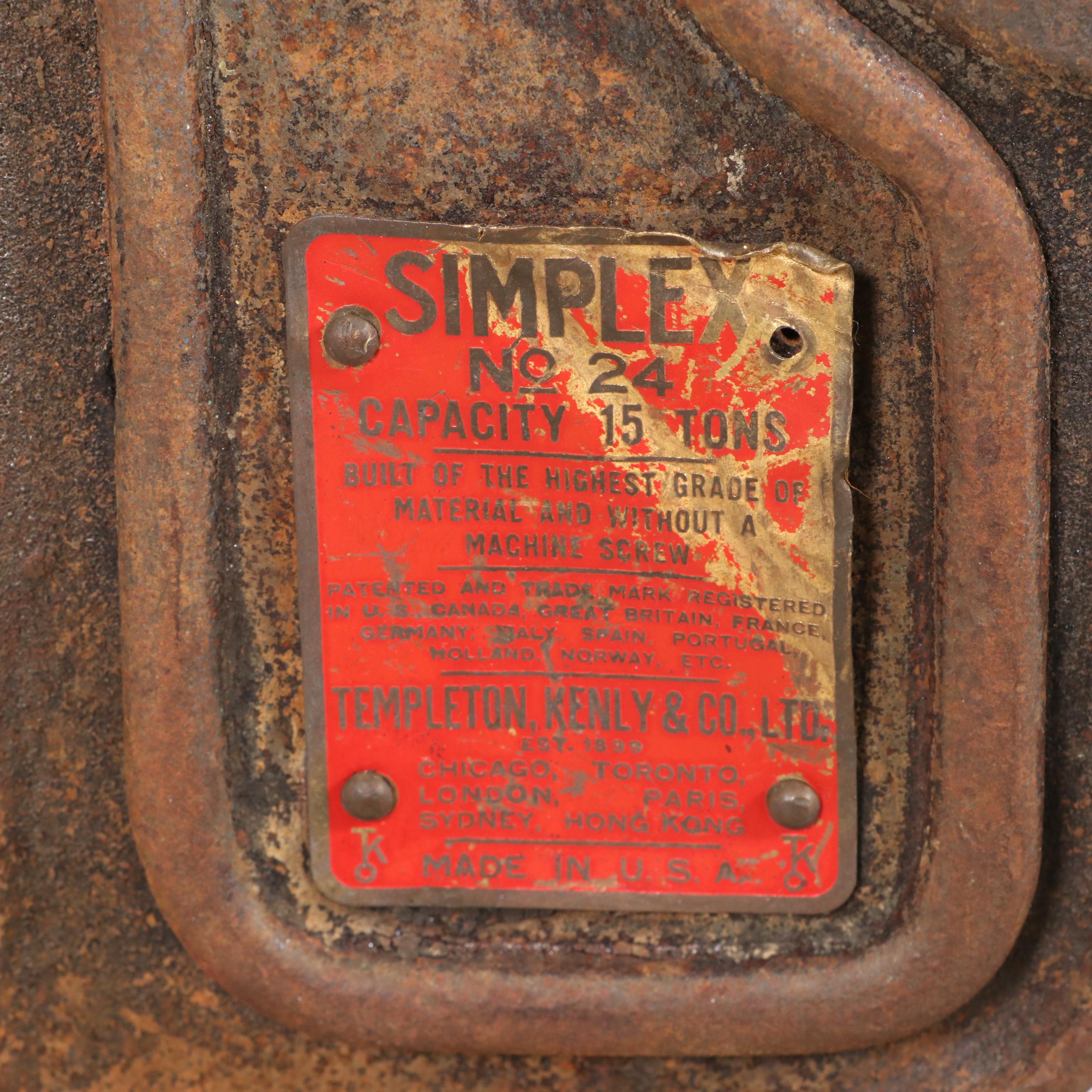 Templeton, Kenly, & Co. Simplex 15 Ton Railroad Ratchet Jack, Early 20th Century