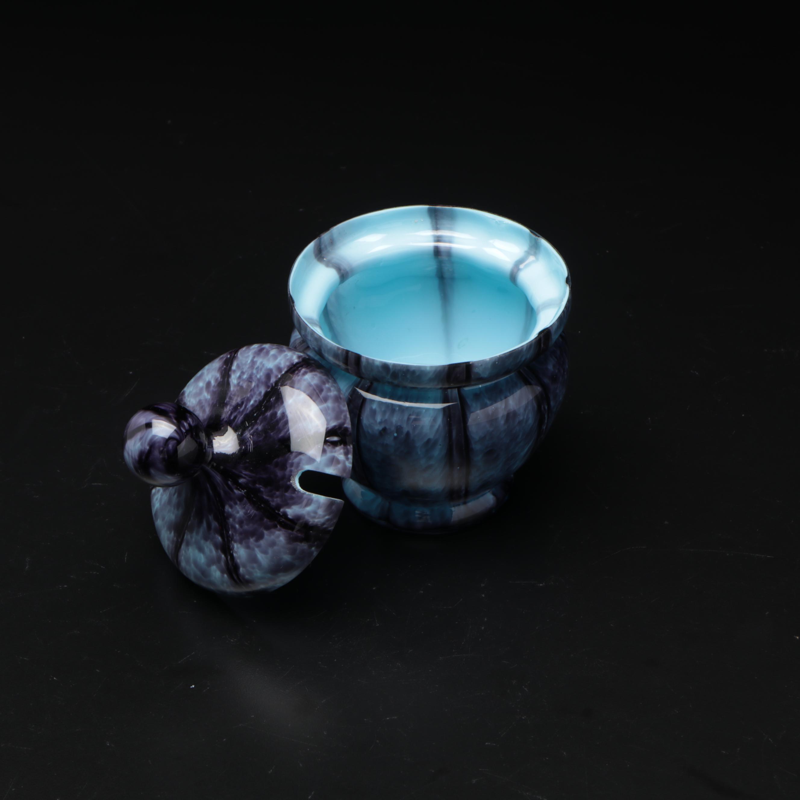 Czechoslovakian Art Deco Spatter Glass Condiment Jar and Other Bud Vase