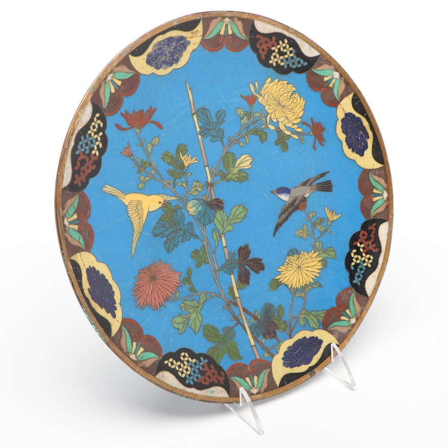 Chinese Cloisonné Plate with Bird and Flower Motif, Mid to Late 20th Century