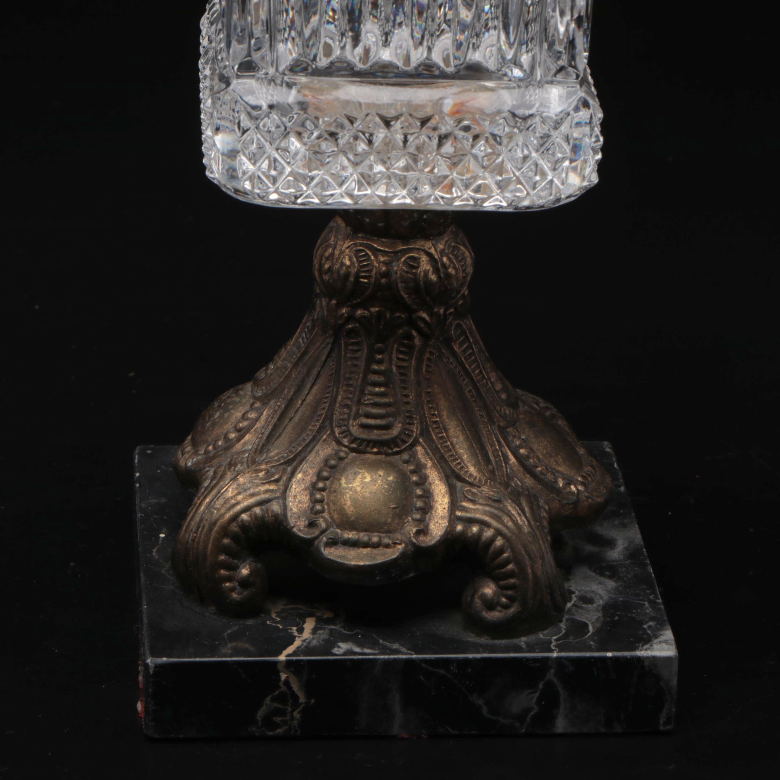 Cut Crystal Vase on Bronze and Marble Base, Mid-20th Century