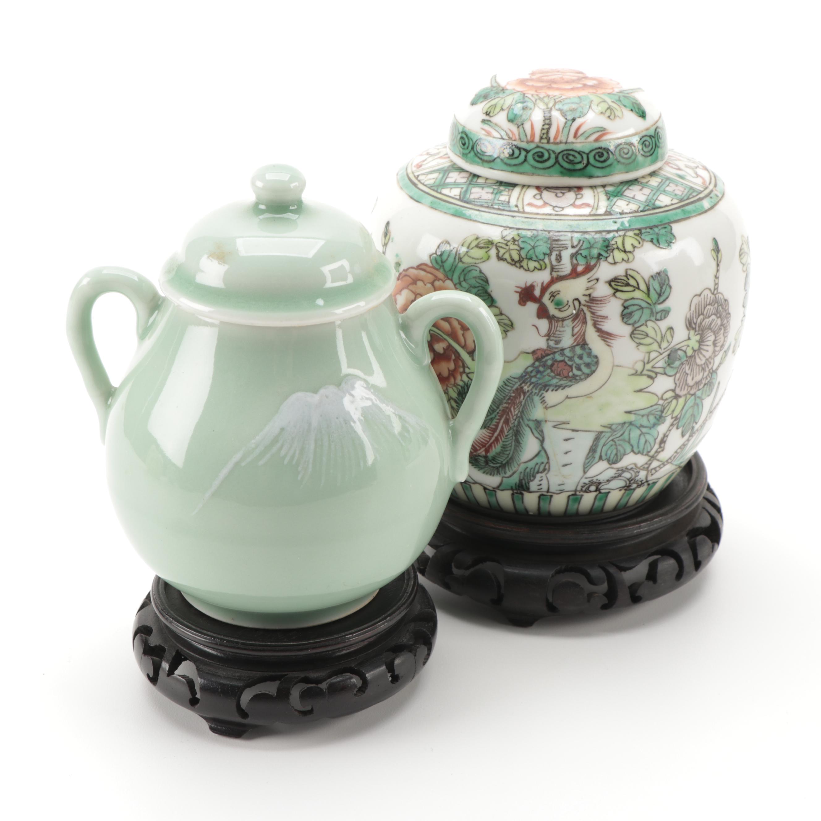Chinese Famille Verte Ginger Jar with Japanese Handled Celadon Jar