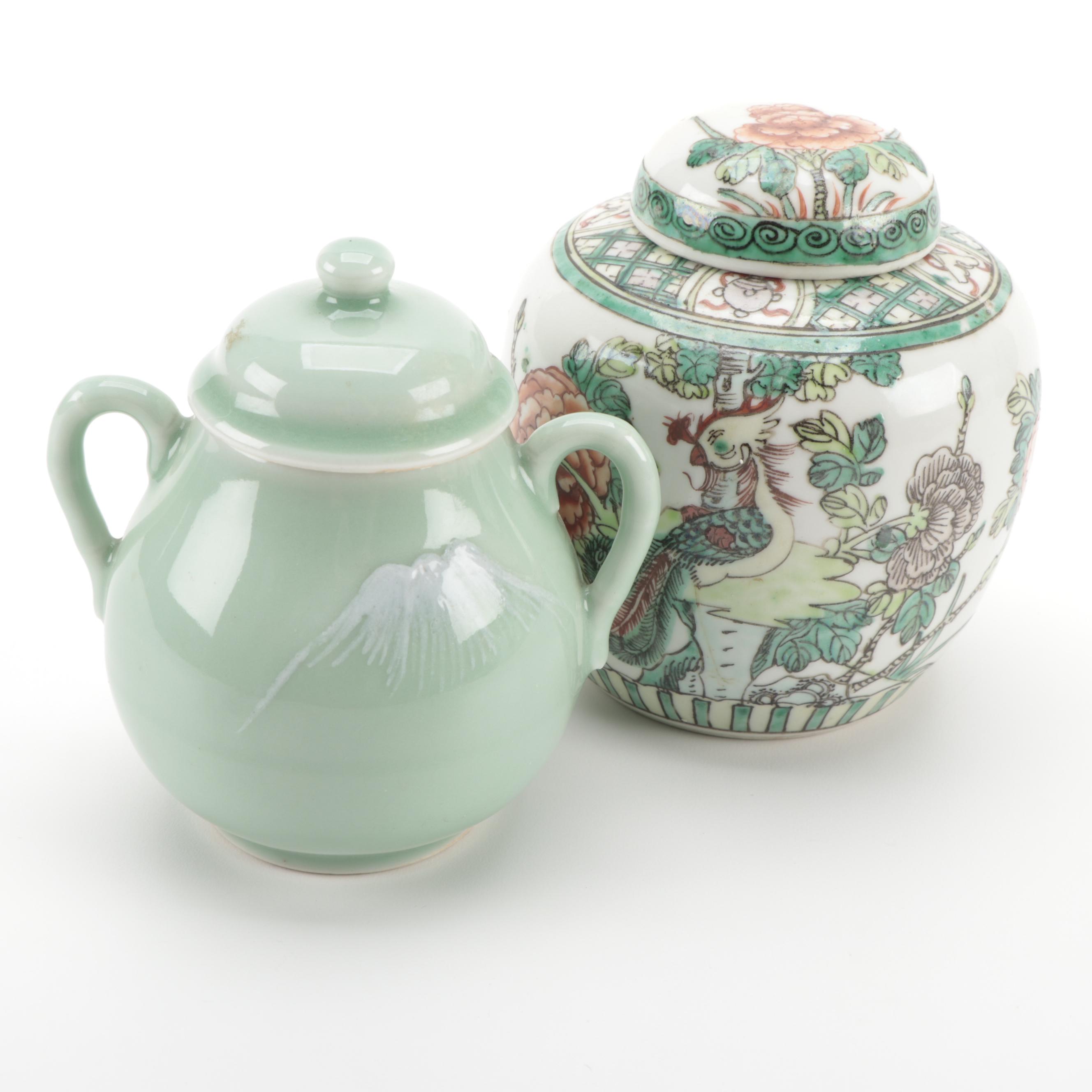 Chinese Famille Verte Ginger Jar with Japanese Handled Celadon Jar