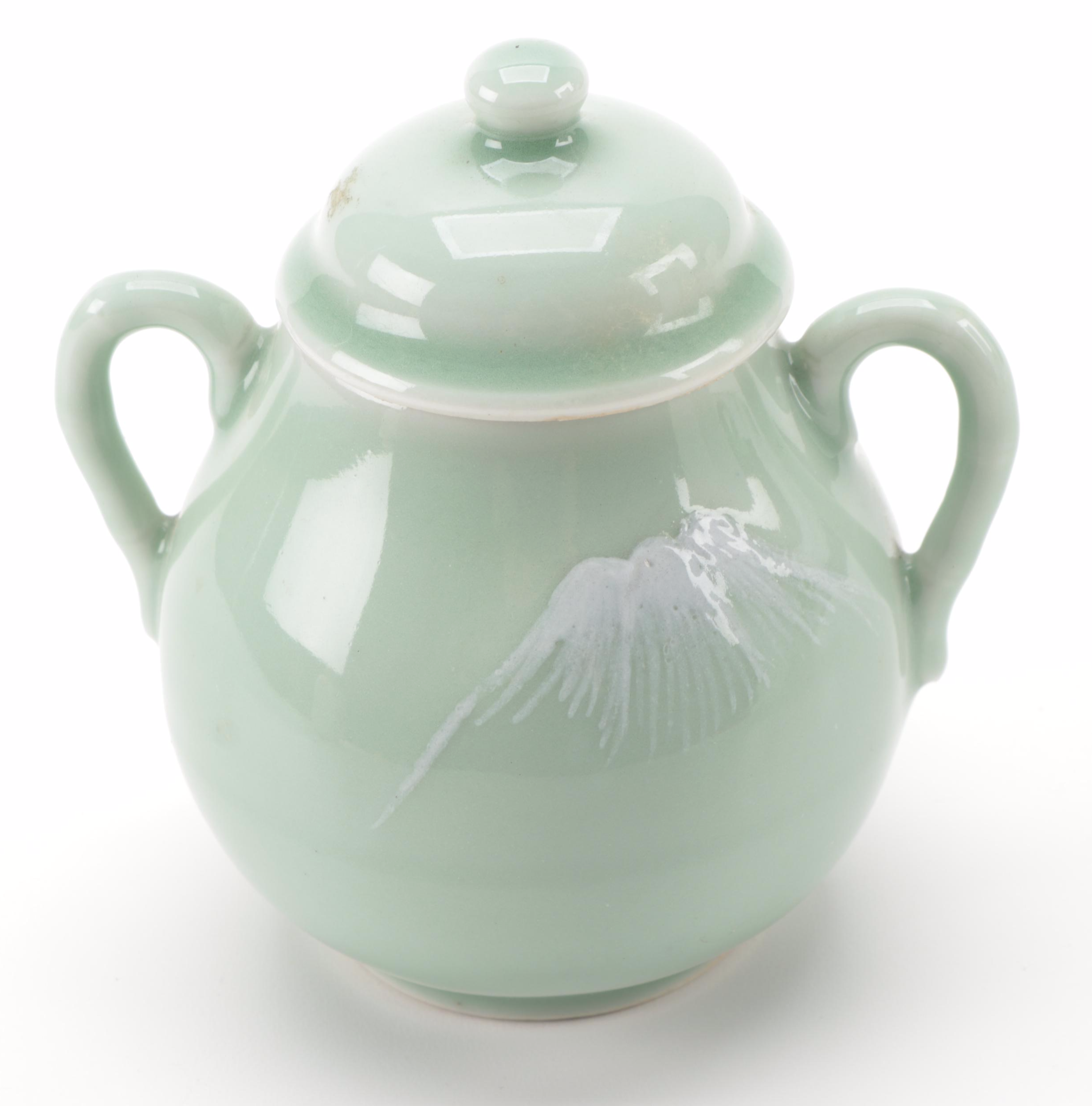 Chinese Famille Verte Ginger Jar with Japanese Handled Celadon Jar
