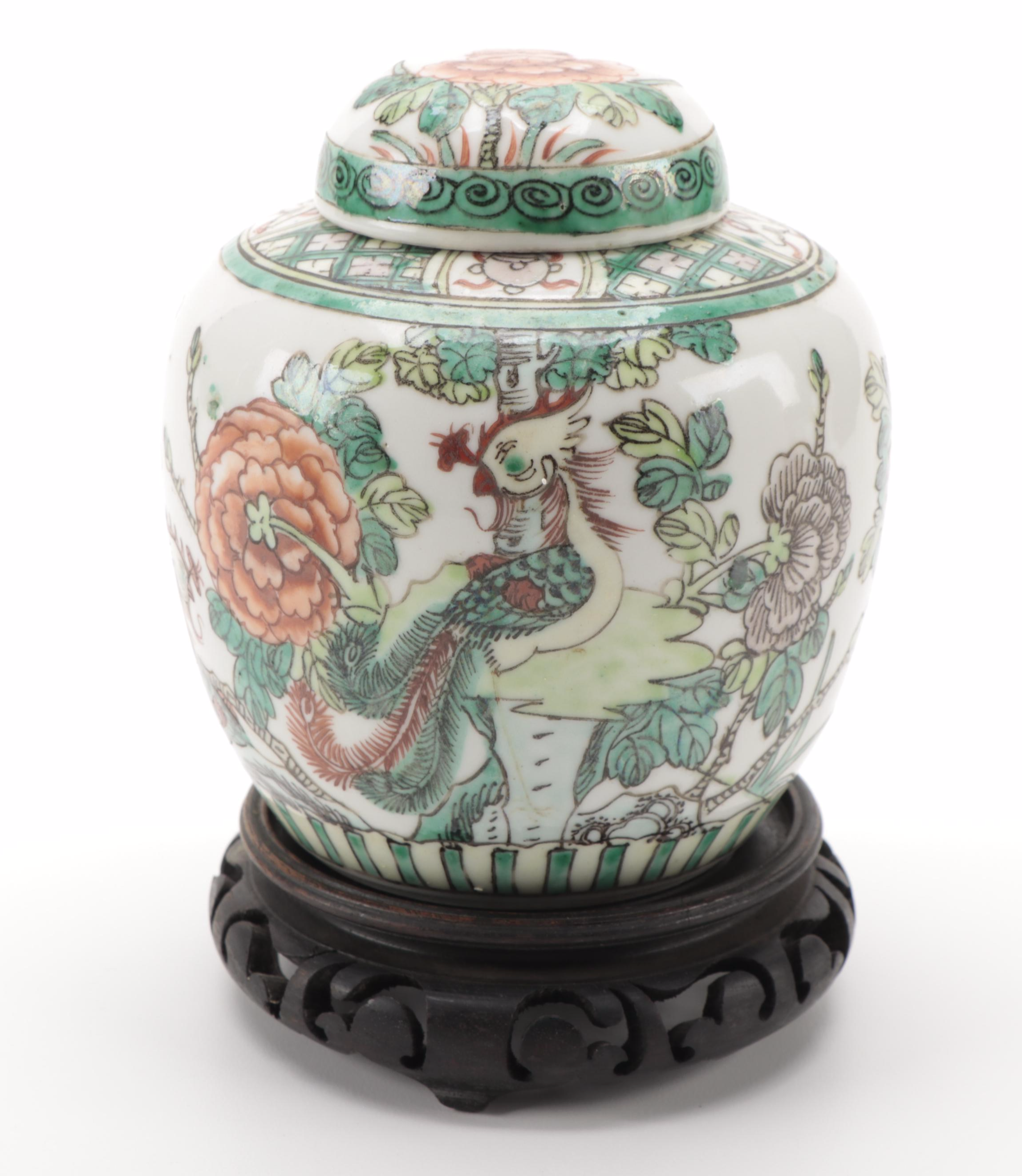Chinese Famille Verte Ginger Jar with Japanese Handled Celadon Jar