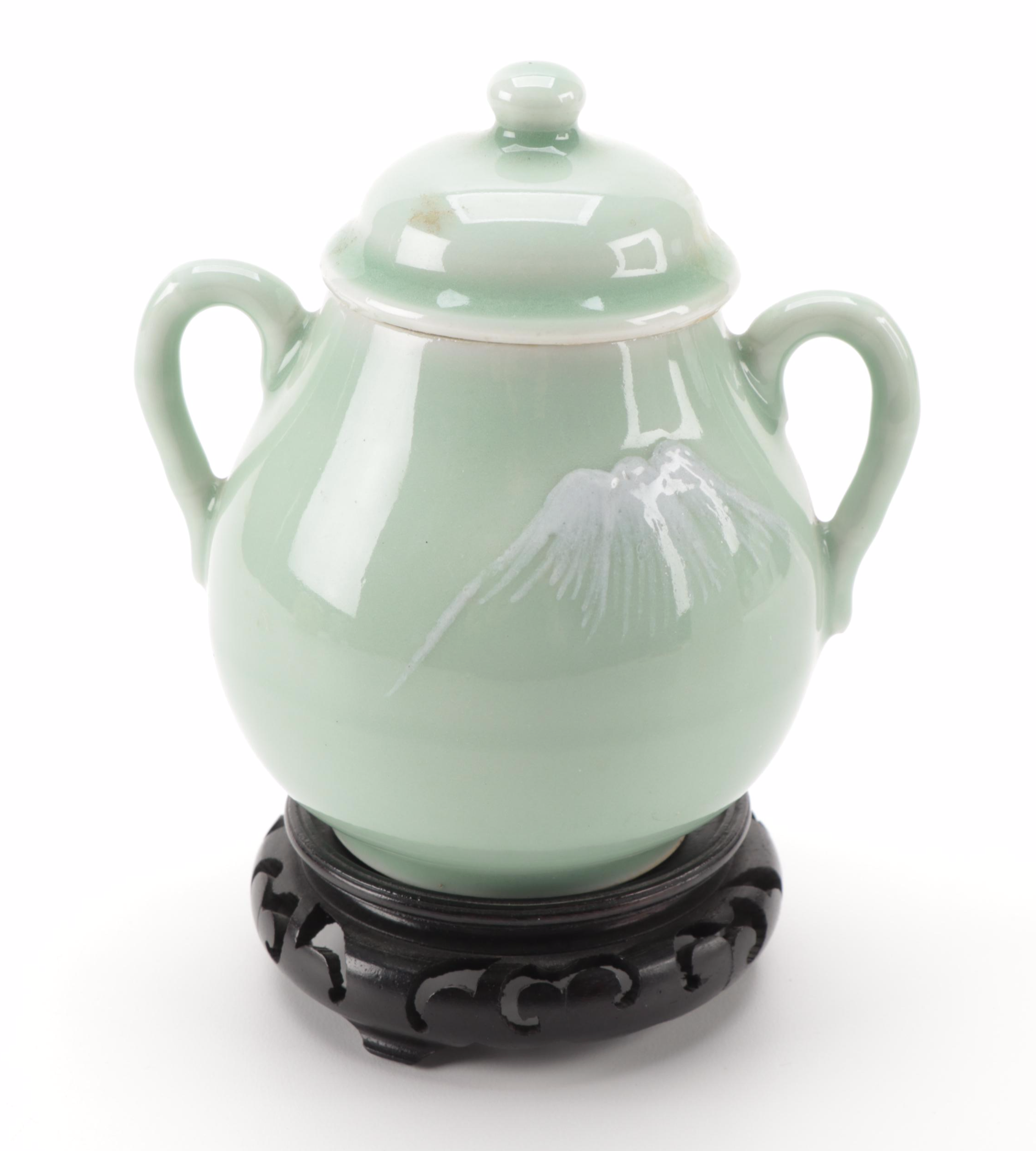 Chinese Famille Verte Ginger Jar with Japanese Handled Celadon Jar