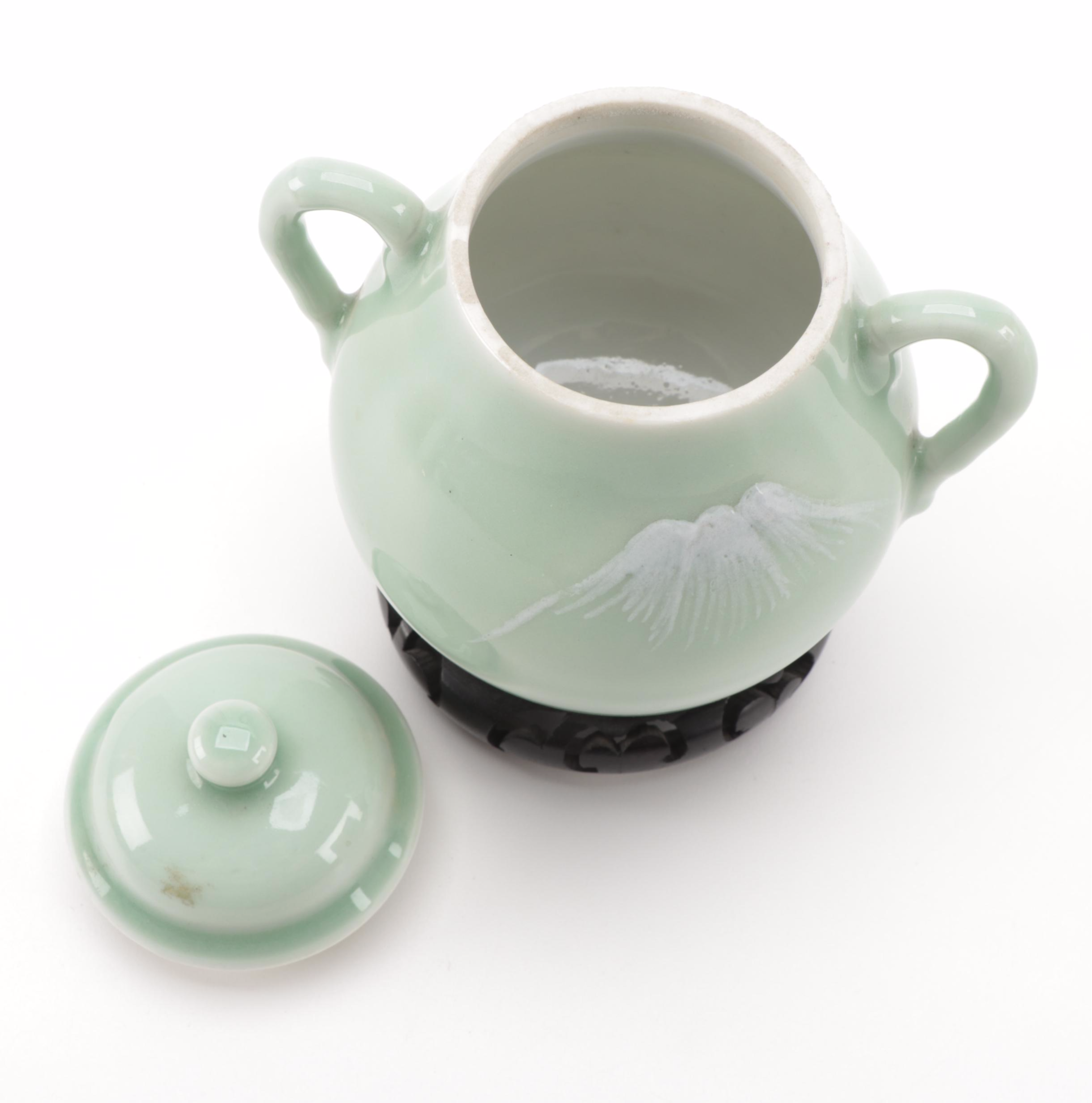 Chinese Famille Verte Ginger Jar with Japanese Handled Celadon Jar