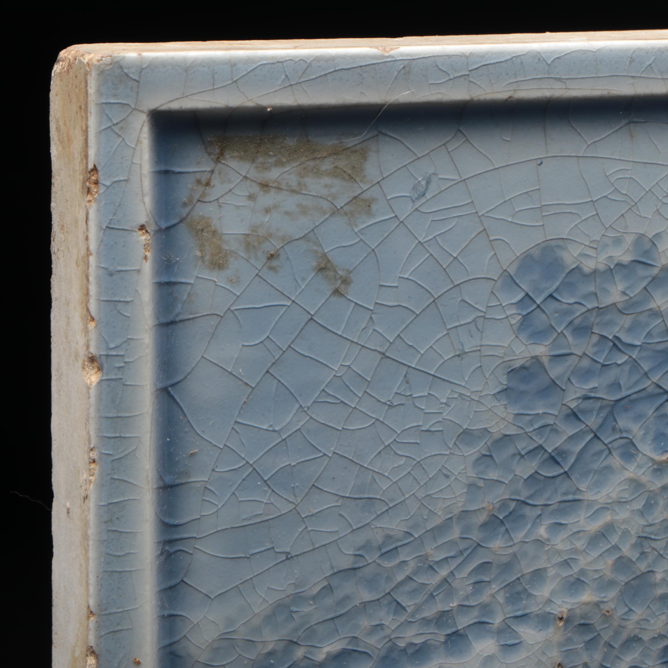 American Art Pottery Blue Glazed Pastoral Landscape Ceramic Wall Tile