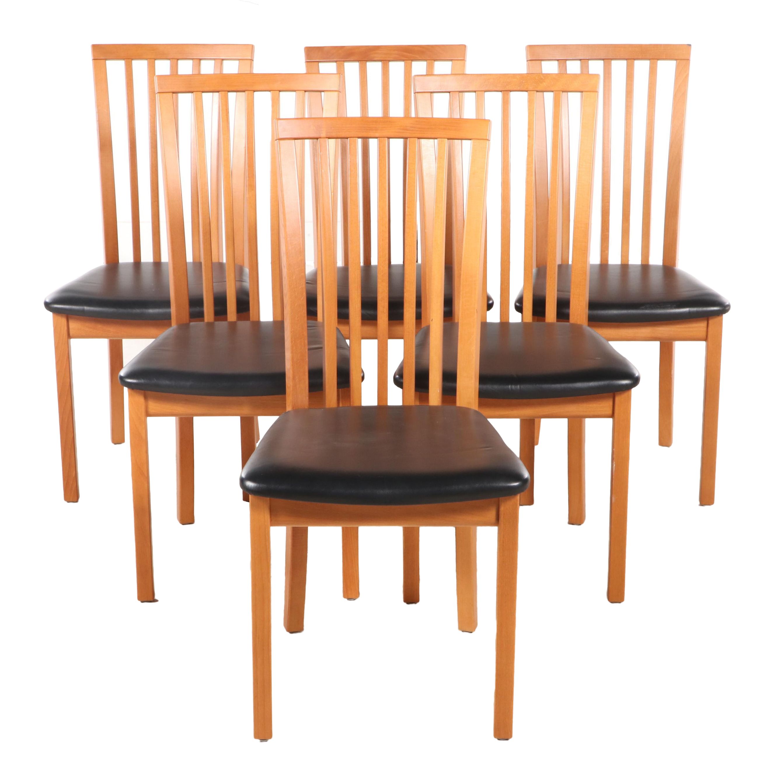 Set of Six Skovby "Kirsebær" Danish Modern Beech and Black Leather Side Chairs