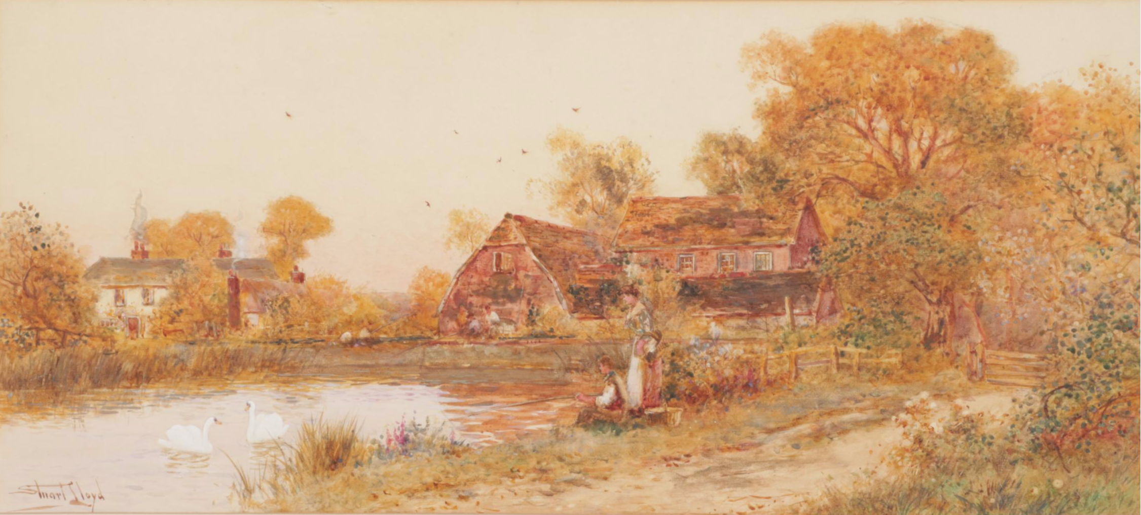 Stuart Lloyd Bucolic Watercolor Painting of Village Pond
