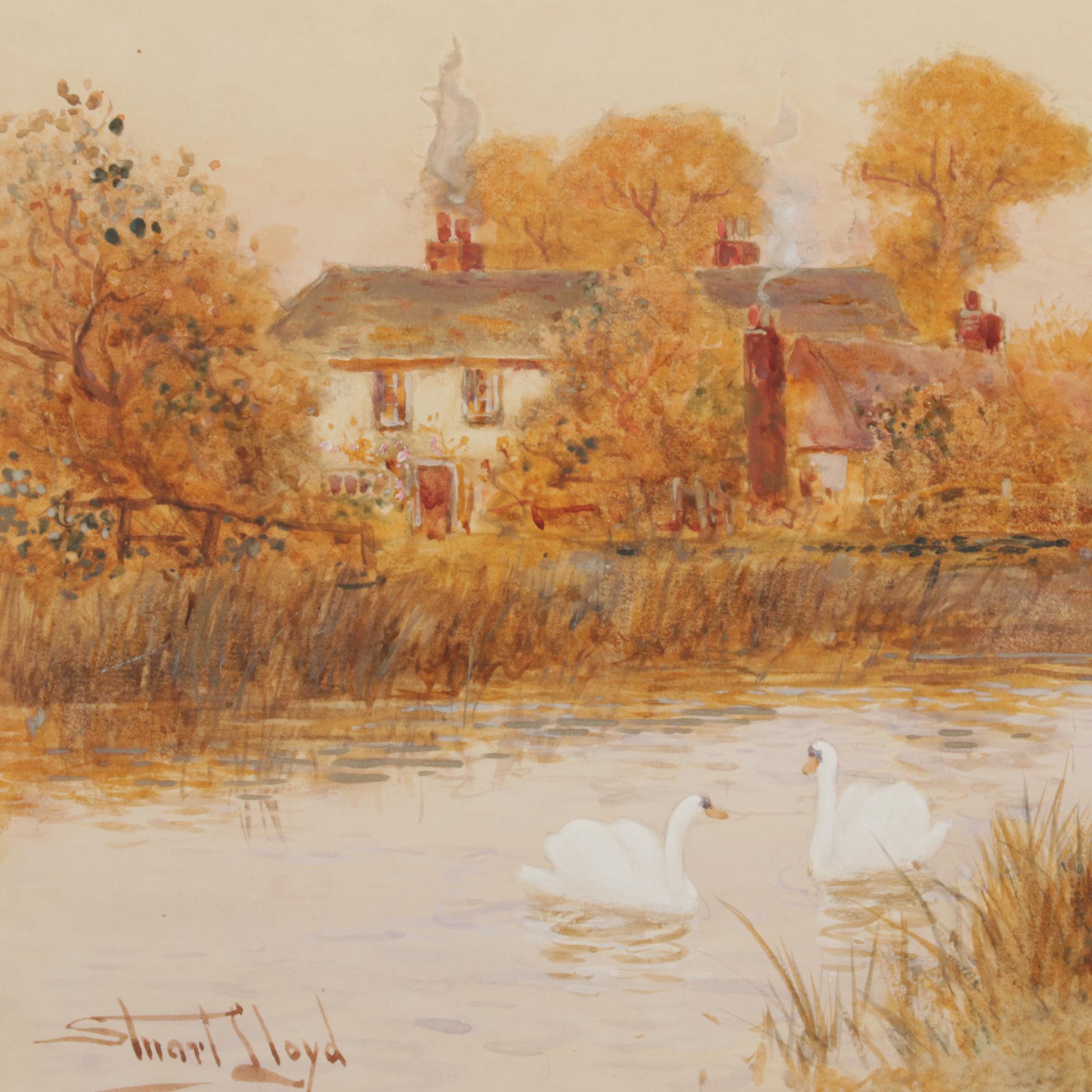 Stuart Lloyd Bucolic Watercolor Painting of Village Pond