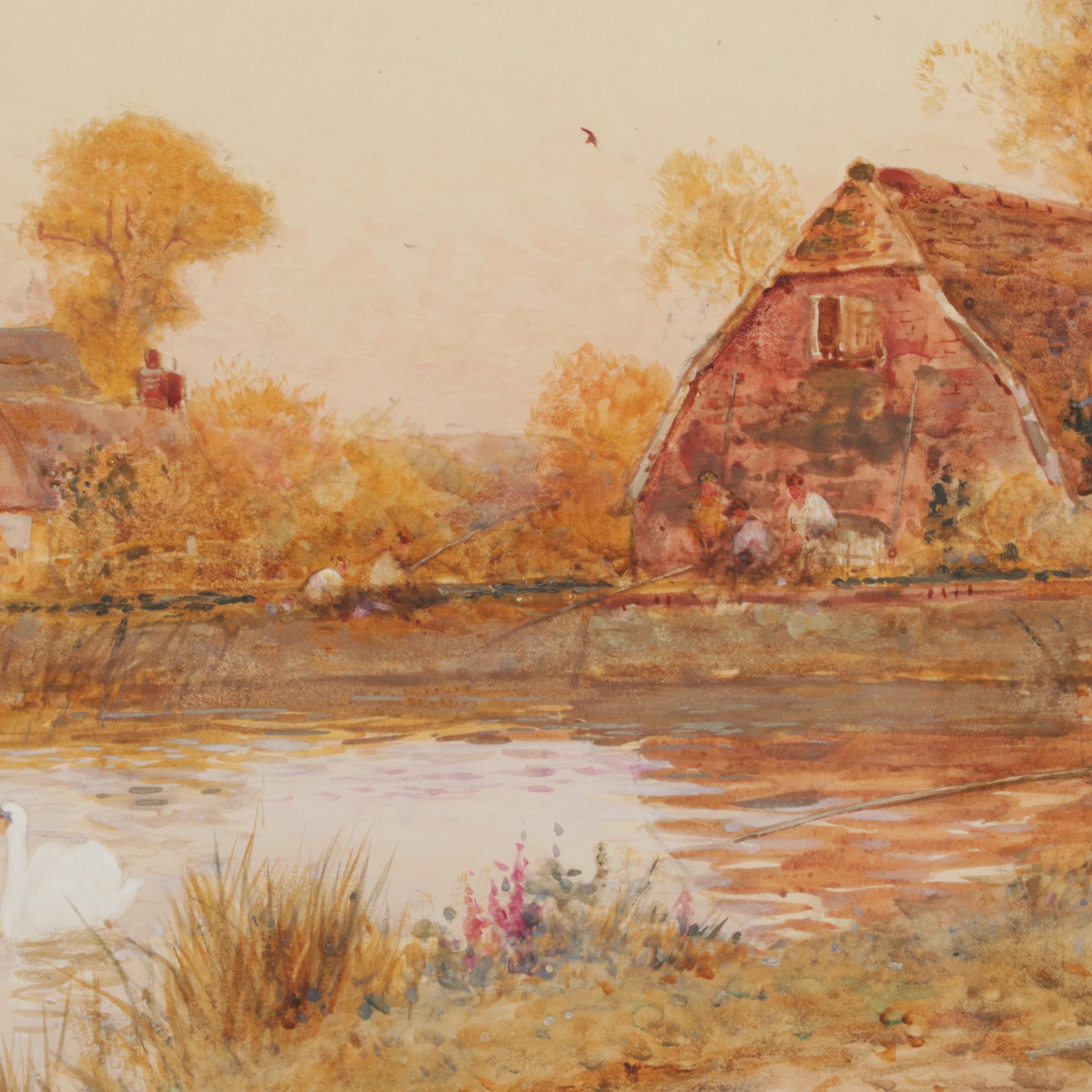 Stuart Lloyd Bucolic Watercolor Painting of Village Pond