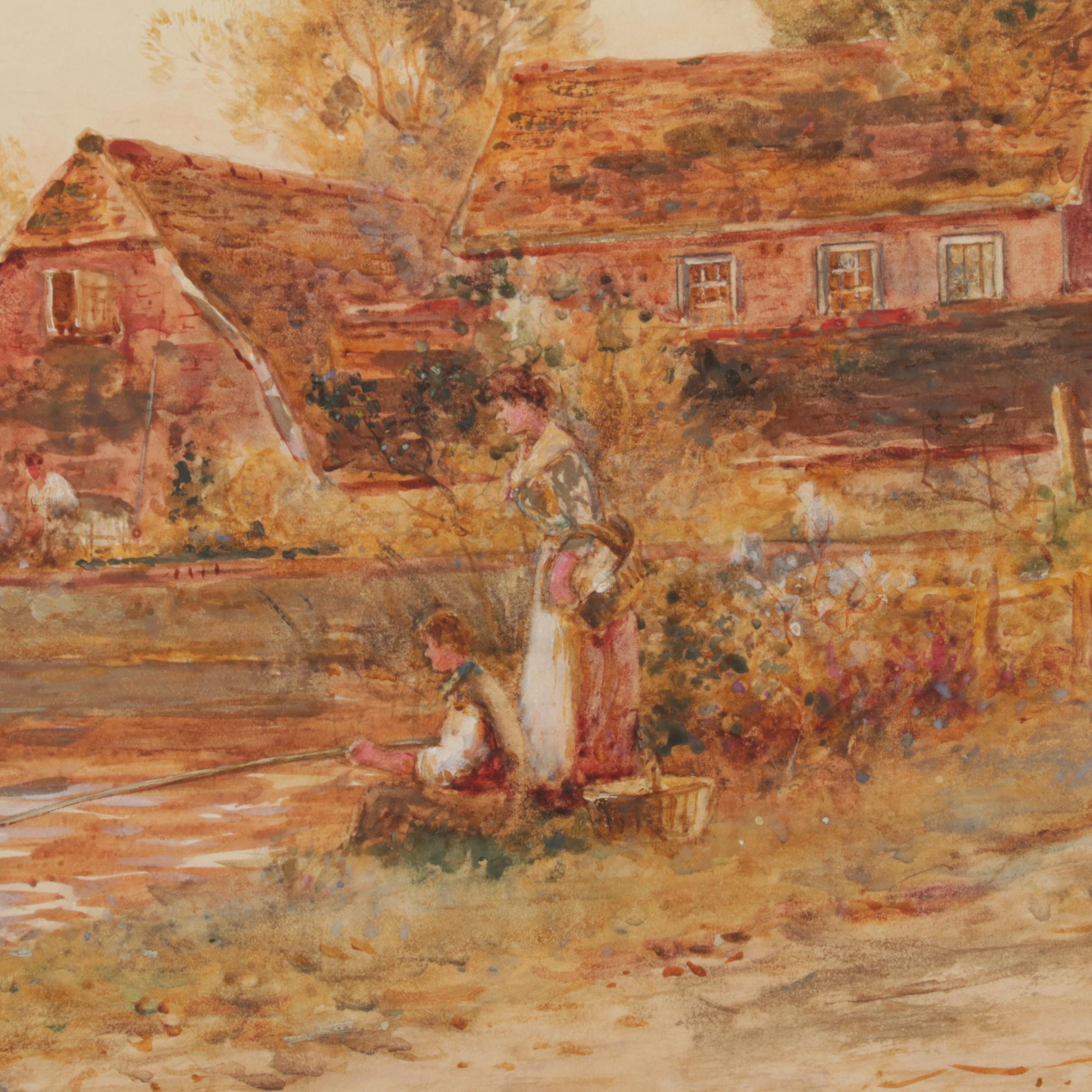 Stuart Lloyd Bucolic Watercolor Painting of Village Pond