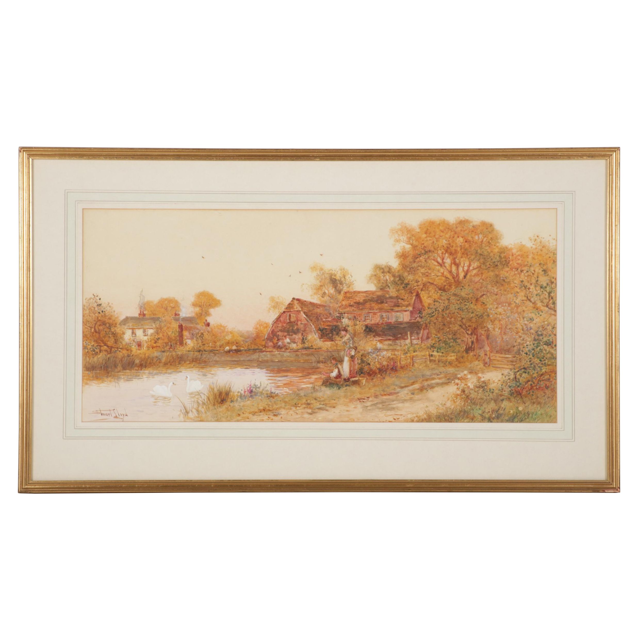 Stuart Lloyd Bucolic Watercolor Painting of Village Pond