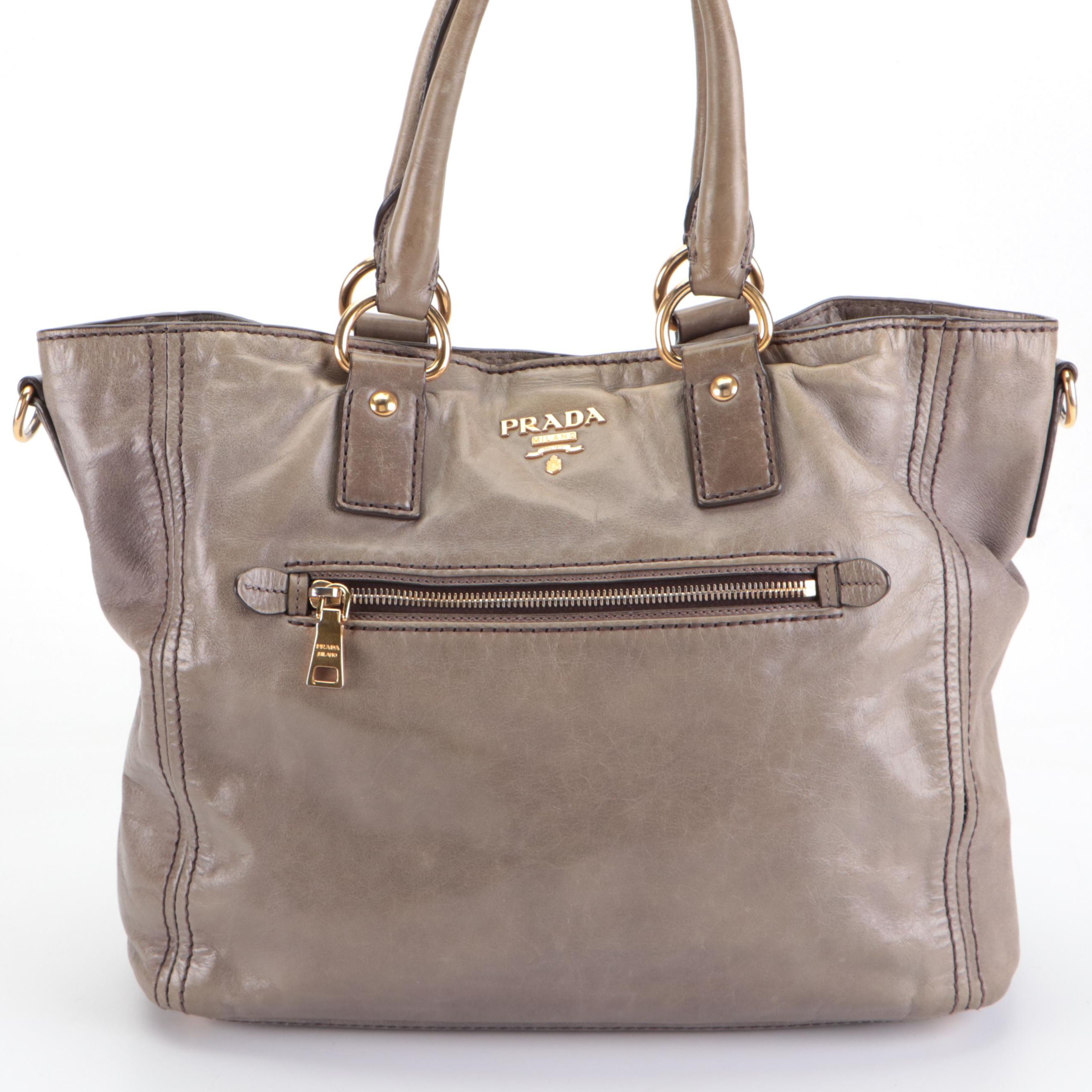 Prada Two-Way Tote Bag in Shine Gray Vitello Leather