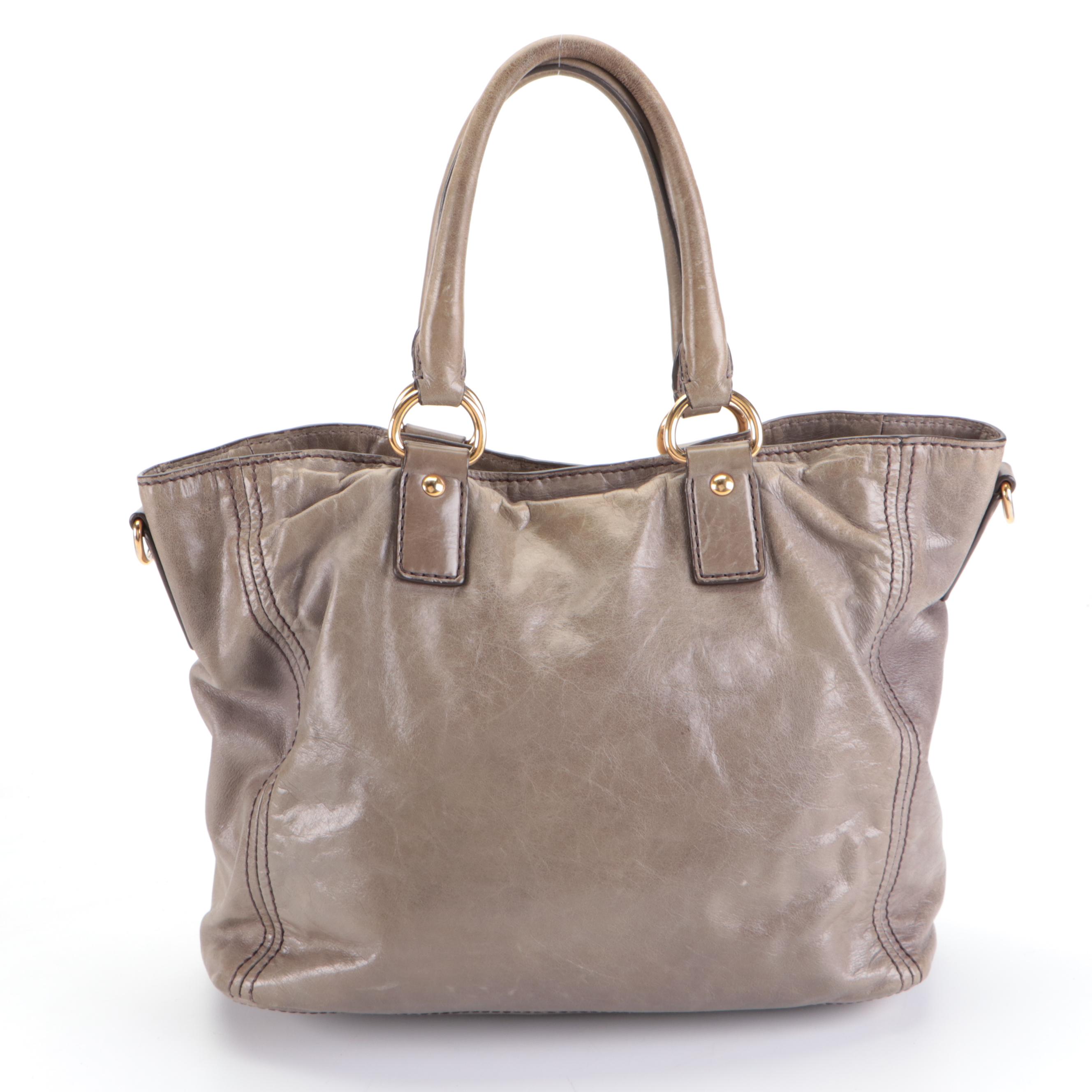 Prada Two-Way Tote Bag in Shine Gray Vitello Leather