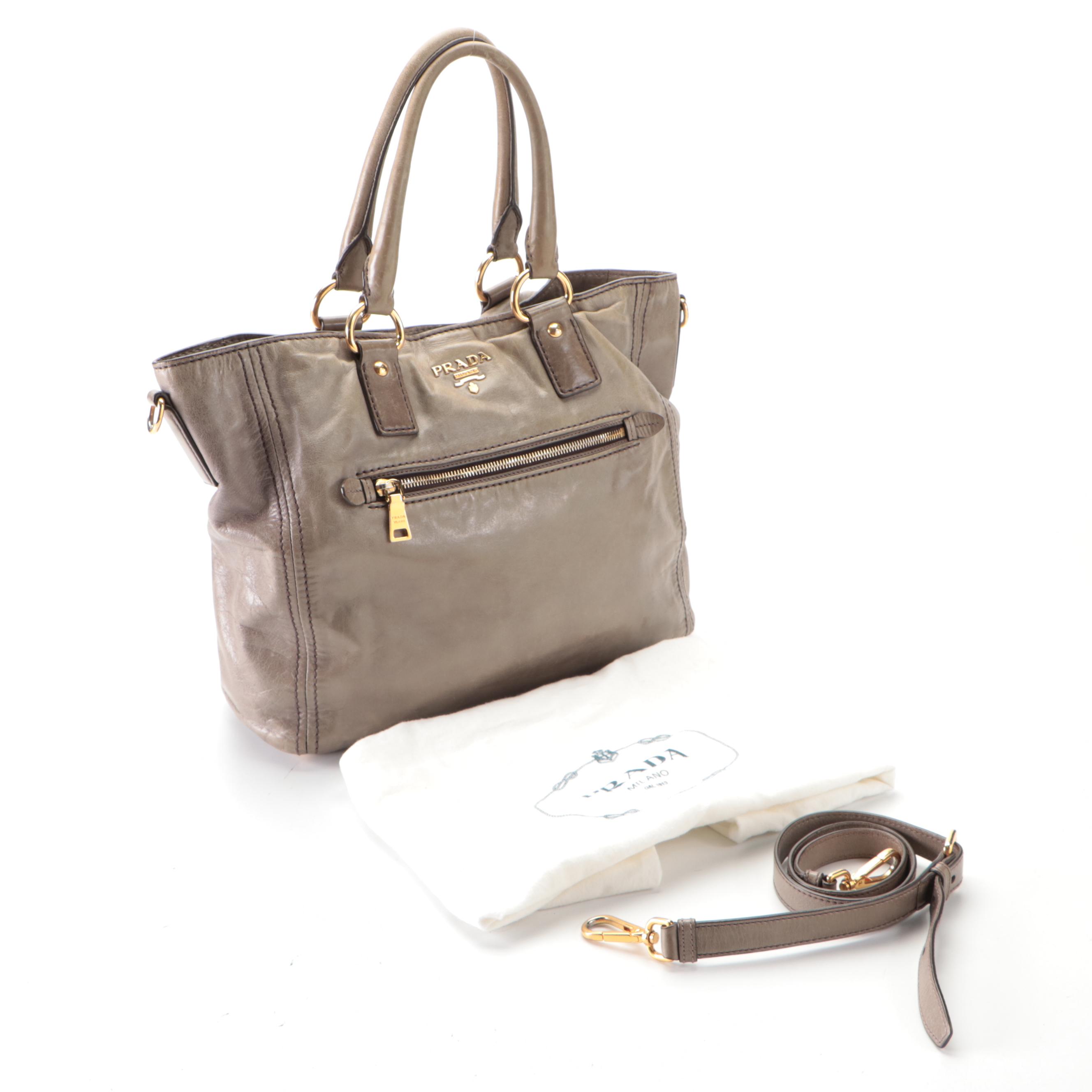 Prada Two-Way Tote Bag in Shine Gray Vitello Leather