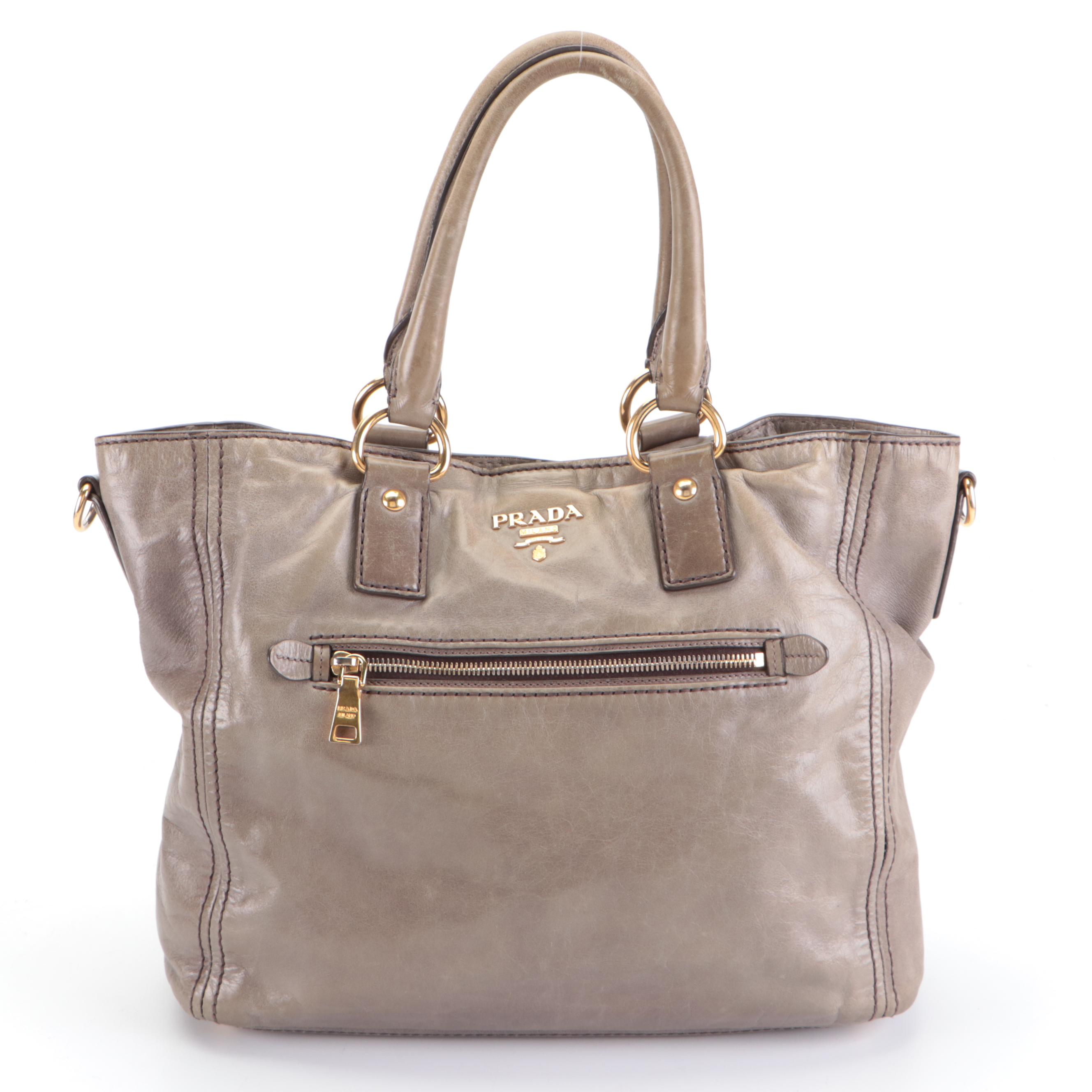 Prada Two-Way Tote Bag in Shine Gray Vitello Leather
