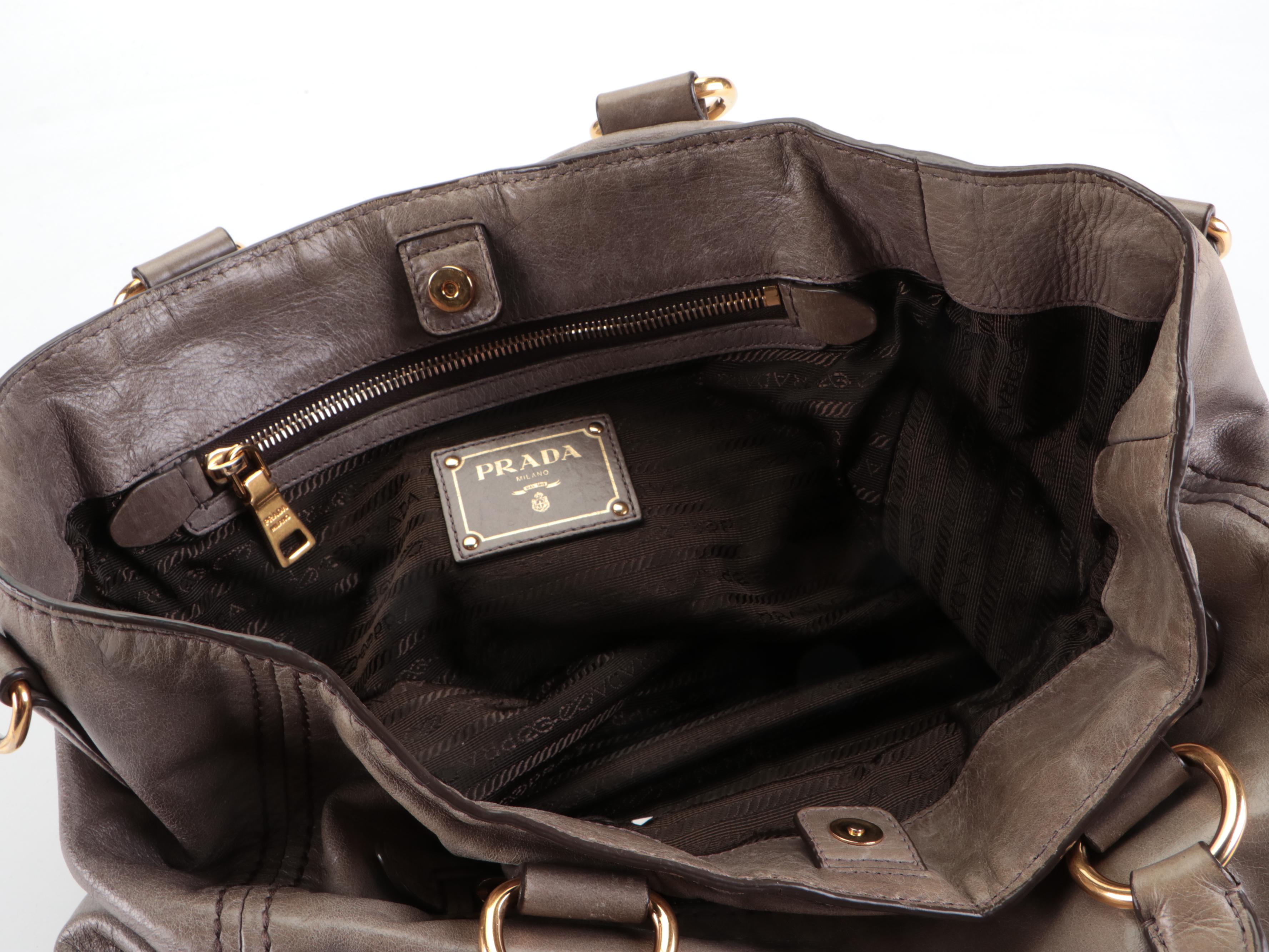 Prada Two-Way Tote Bag in Shine Gray Vitello Leather