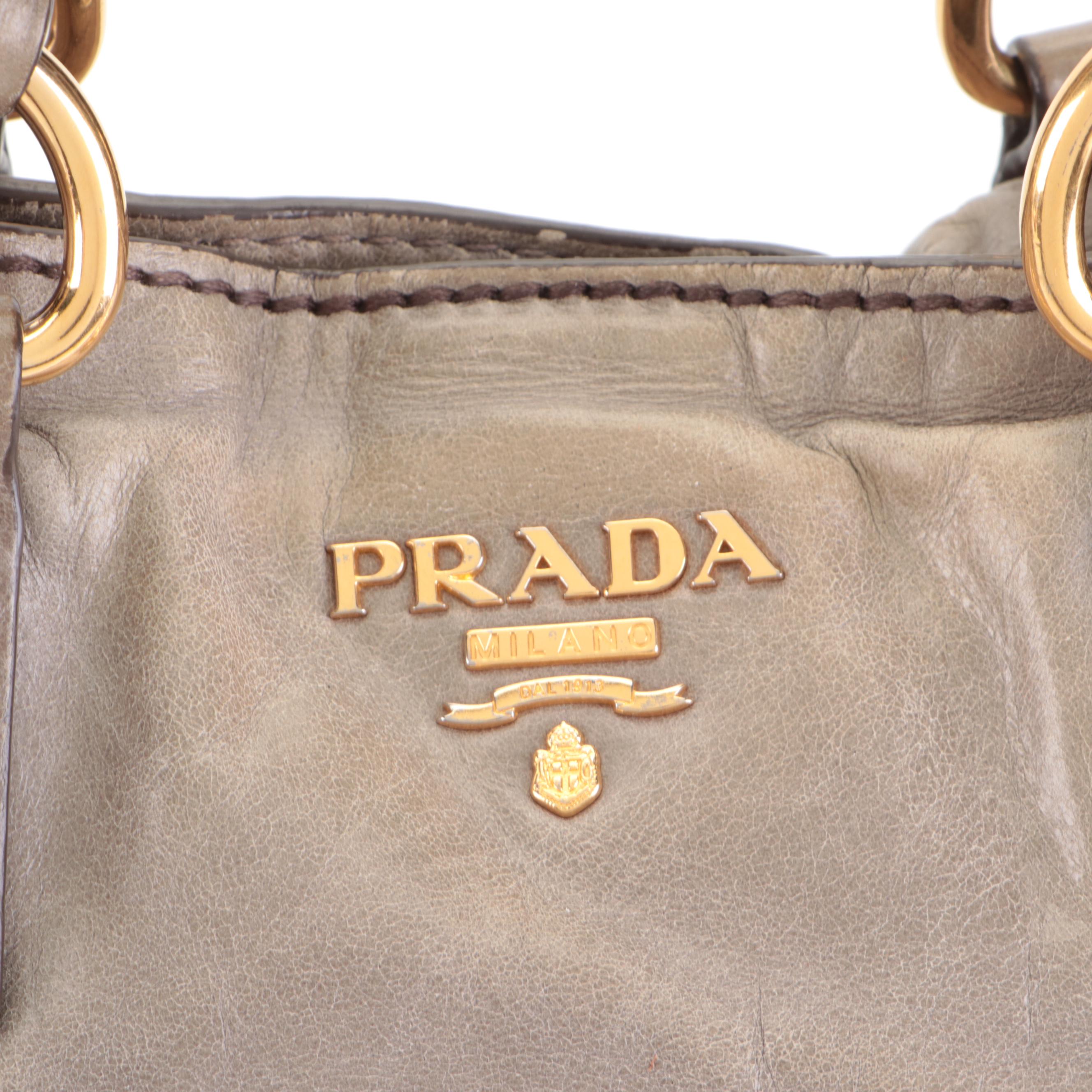 Prada Two-Way Tote Bag in Shine Gray Vitello Leather