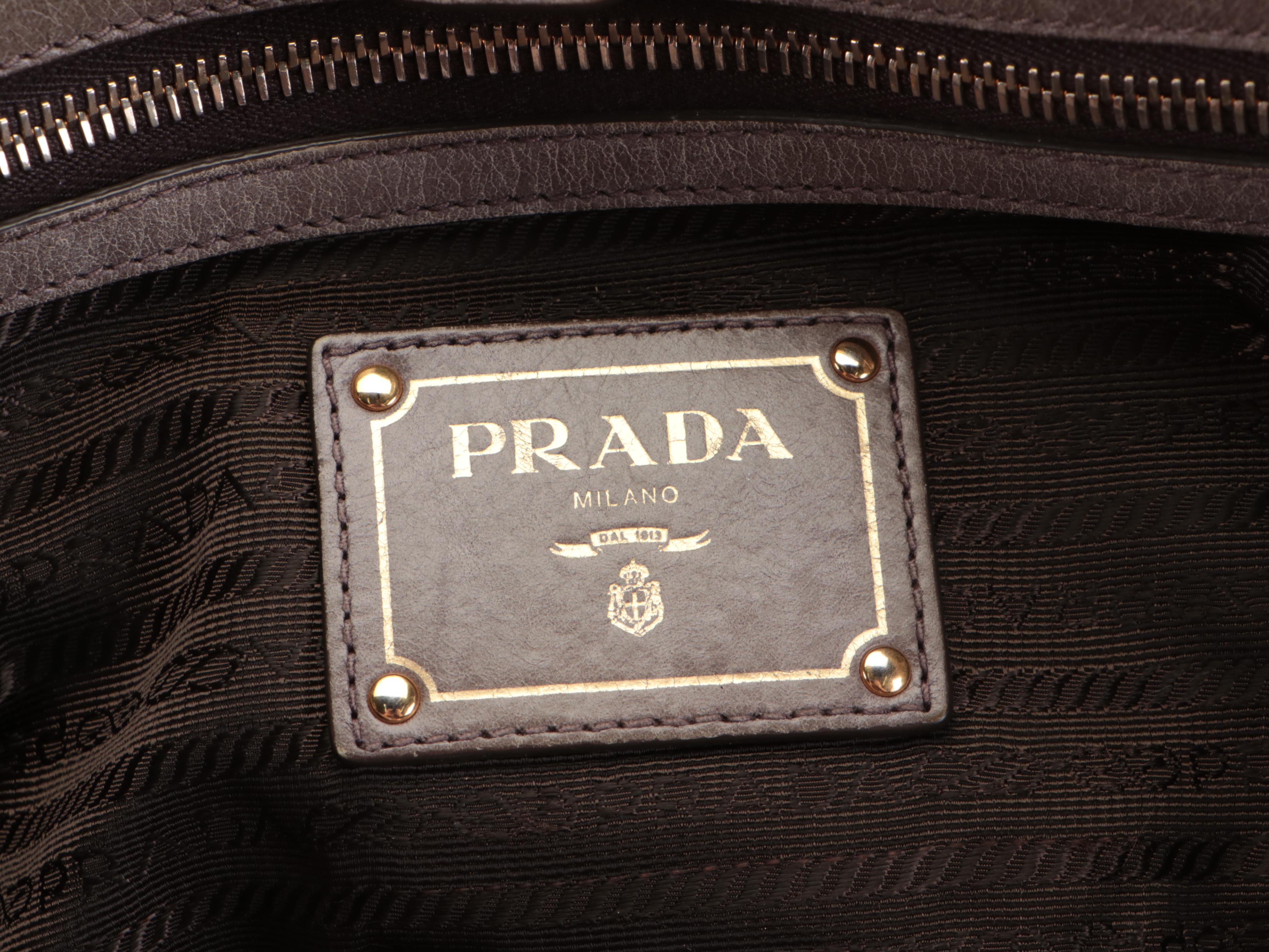 Prada Two-Way Tote Bag in Shine Gray Vitello Leather