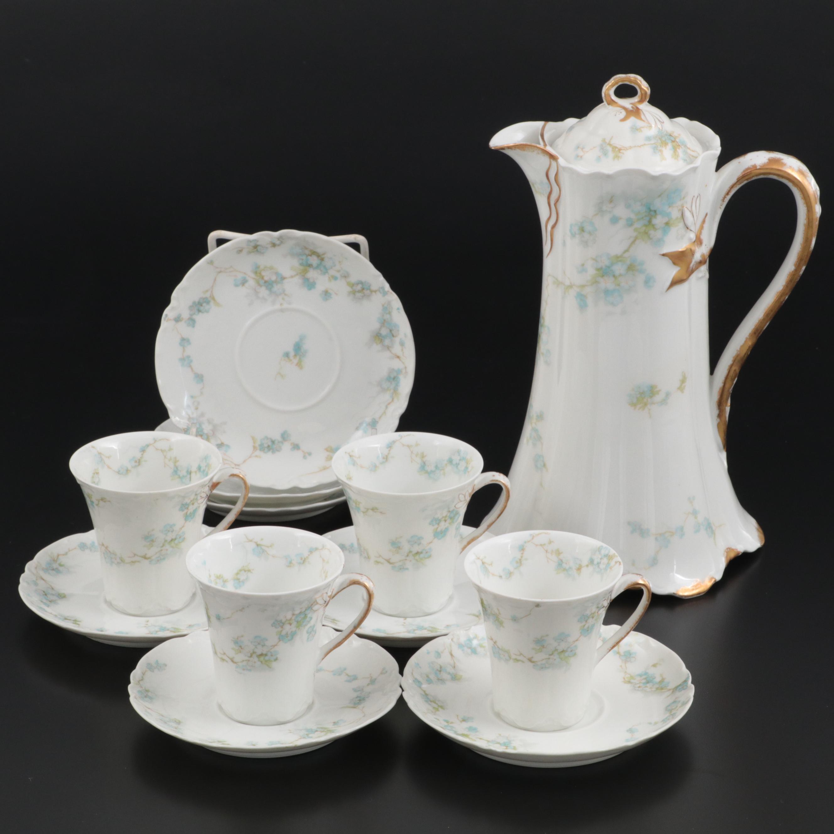 Haviland & Co. Blue Floral Decorated Porcelain Chocolate Set, Early 20th Century