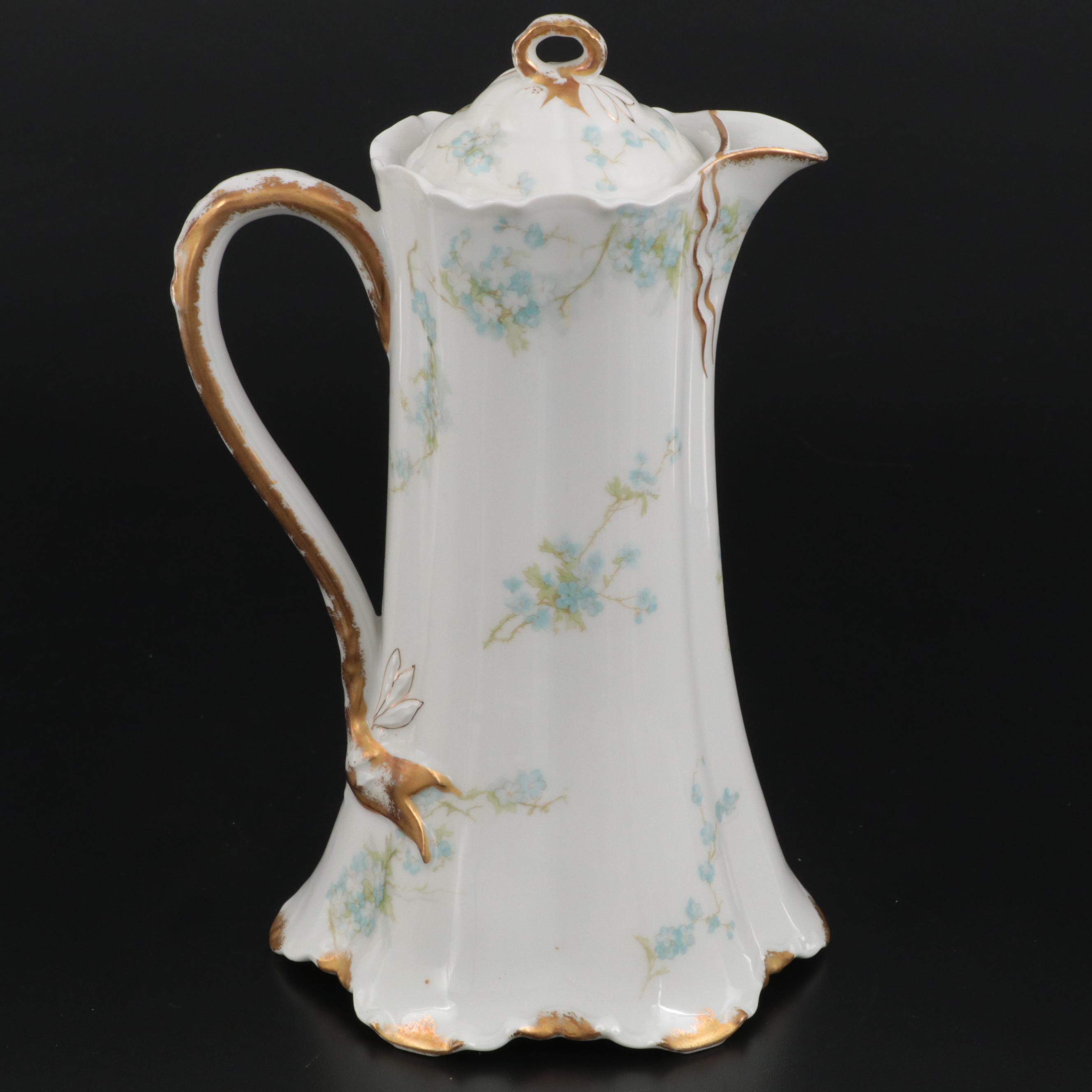 Haviland & Co. Blue Floral Decorated Porcelain Chocolate Set, Early 20th Century