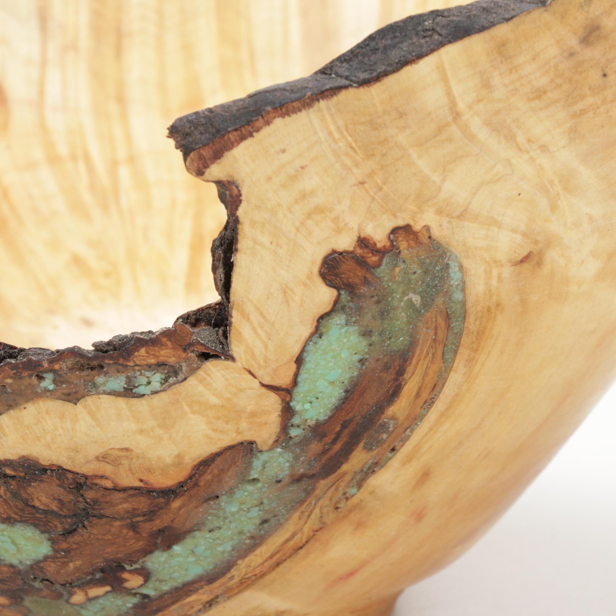 Jim Eliopulos Turned Live Edge Box Elder Burl Wood Bowl with Turquoise Inlay