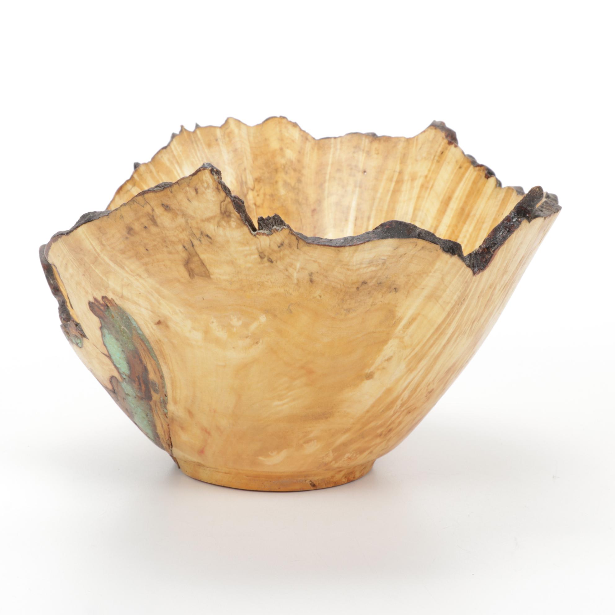 Jim Eliopulos Turned Live Edge Box Elder Burl Wood Bowl with Turquoise Inlay