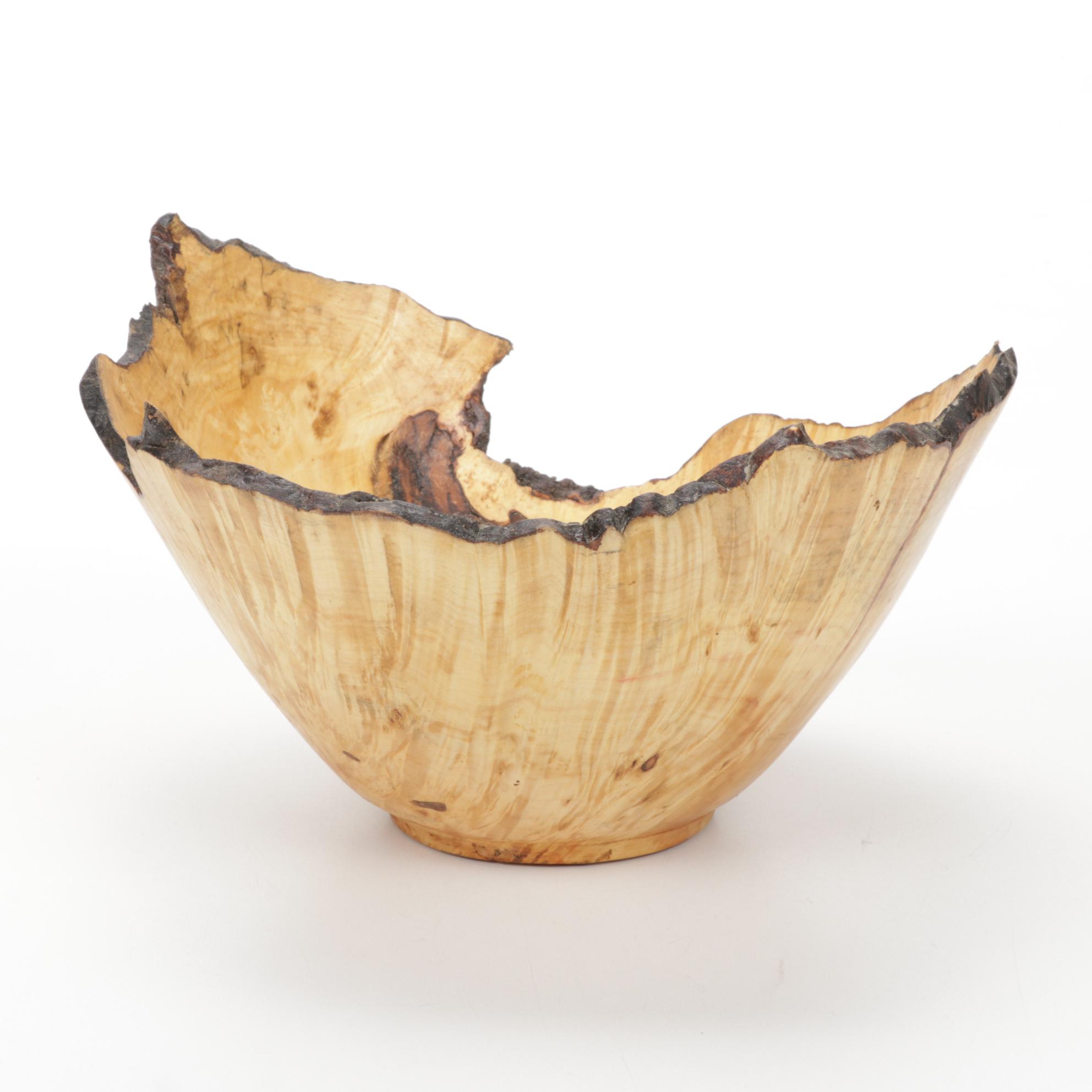 Jim Eliopulos Turned Live Edge Box Elder Burl Wood Bowl with Turquoise Inlay