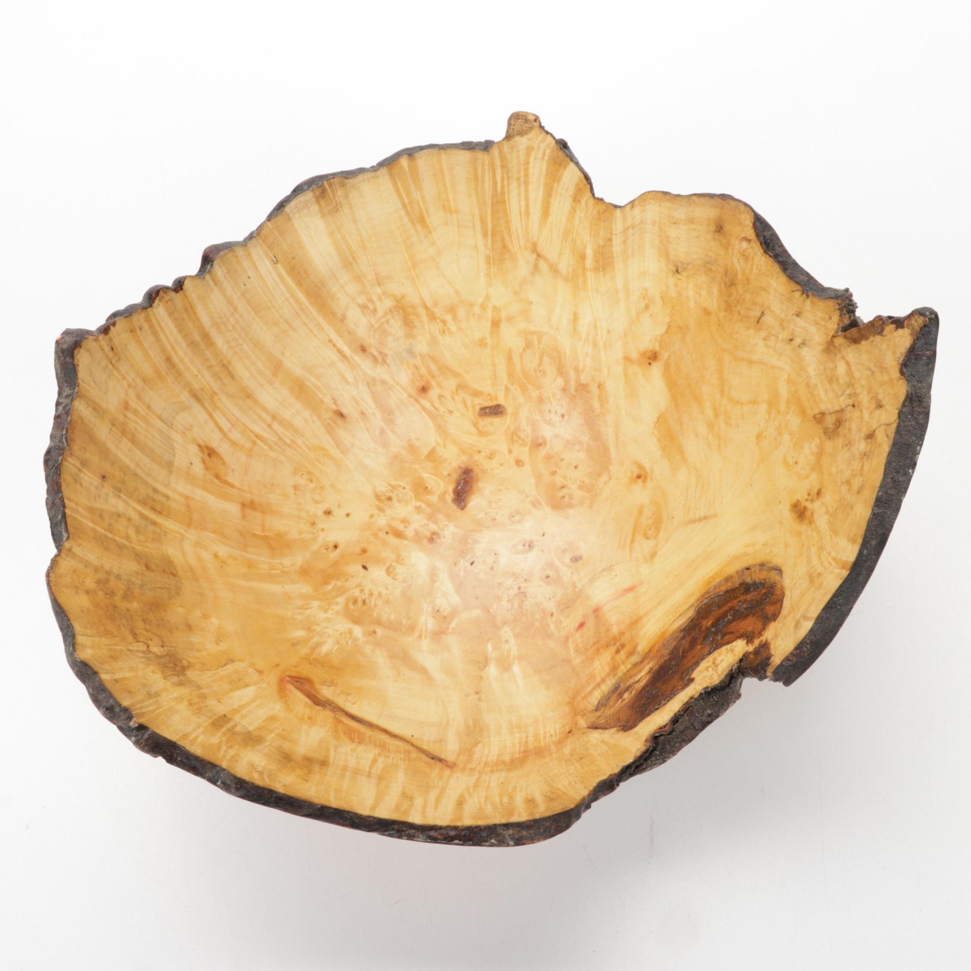 Jim Eliopulos Turned Live Edge Box Elder Burl Wood Bowl with Turquoise Inlay