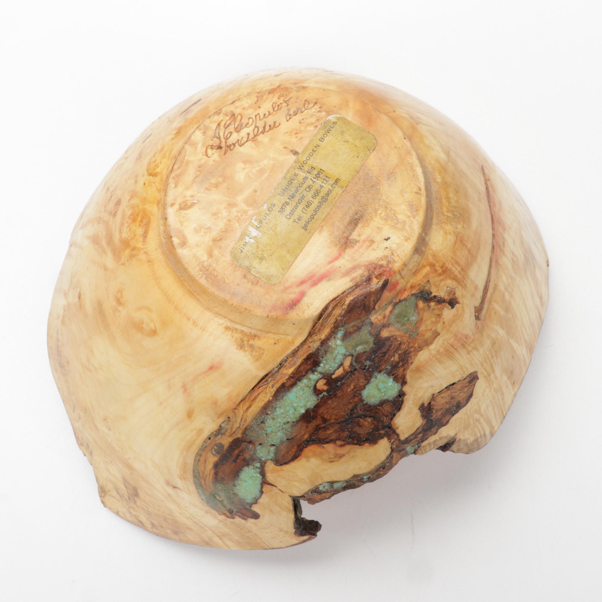 Jim Eliopulos Turned Live Edge Box Elder Burl Wood Bowl with Turquoise Inlay