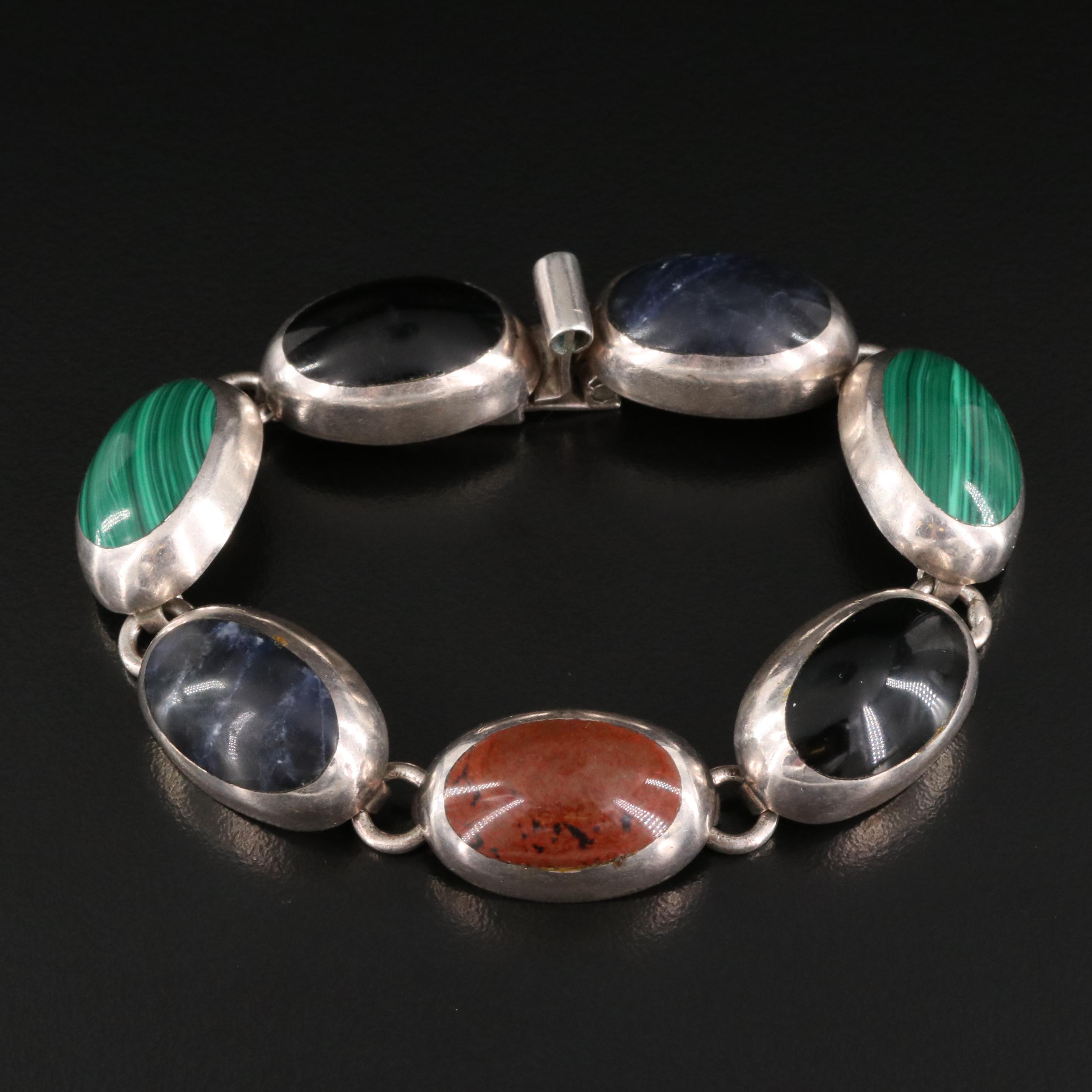 Mexican Sterling Bracelet Including Obsidian, Sodalite and Faux Malachite