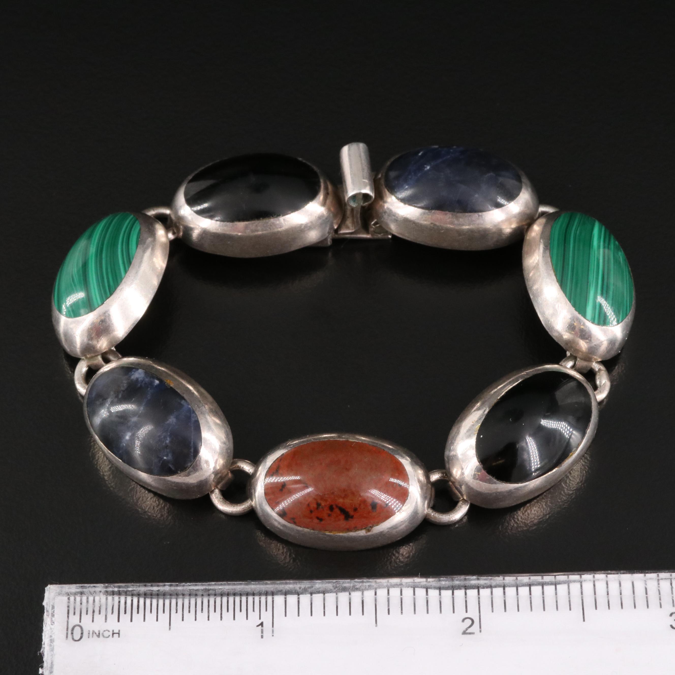 Mexican Sterling Bracelet Including Obsidian, Sodalite and Faux Malachite