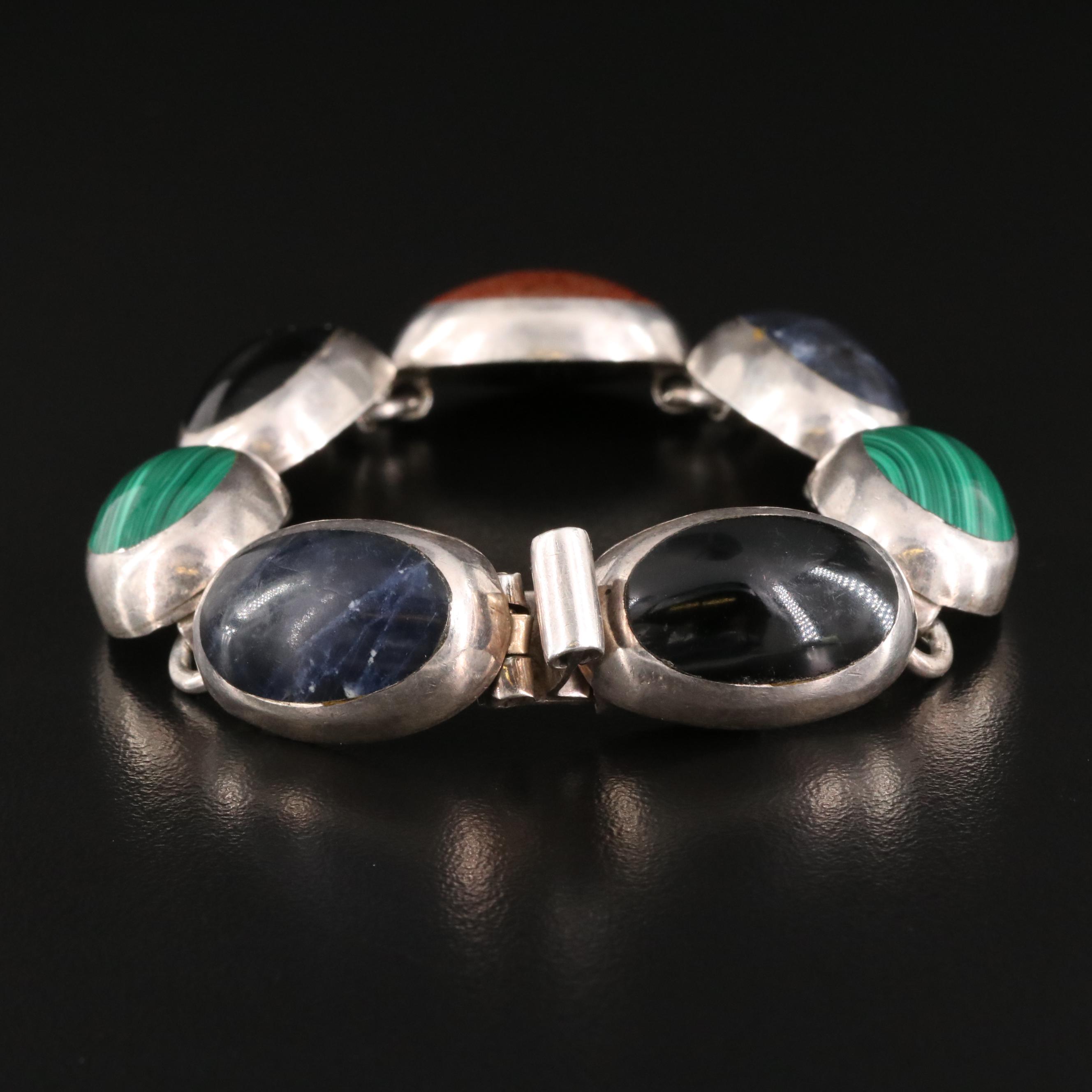 Mexican Sterling Bracelet Including Obsidian, Sodalite and Faux Malachite