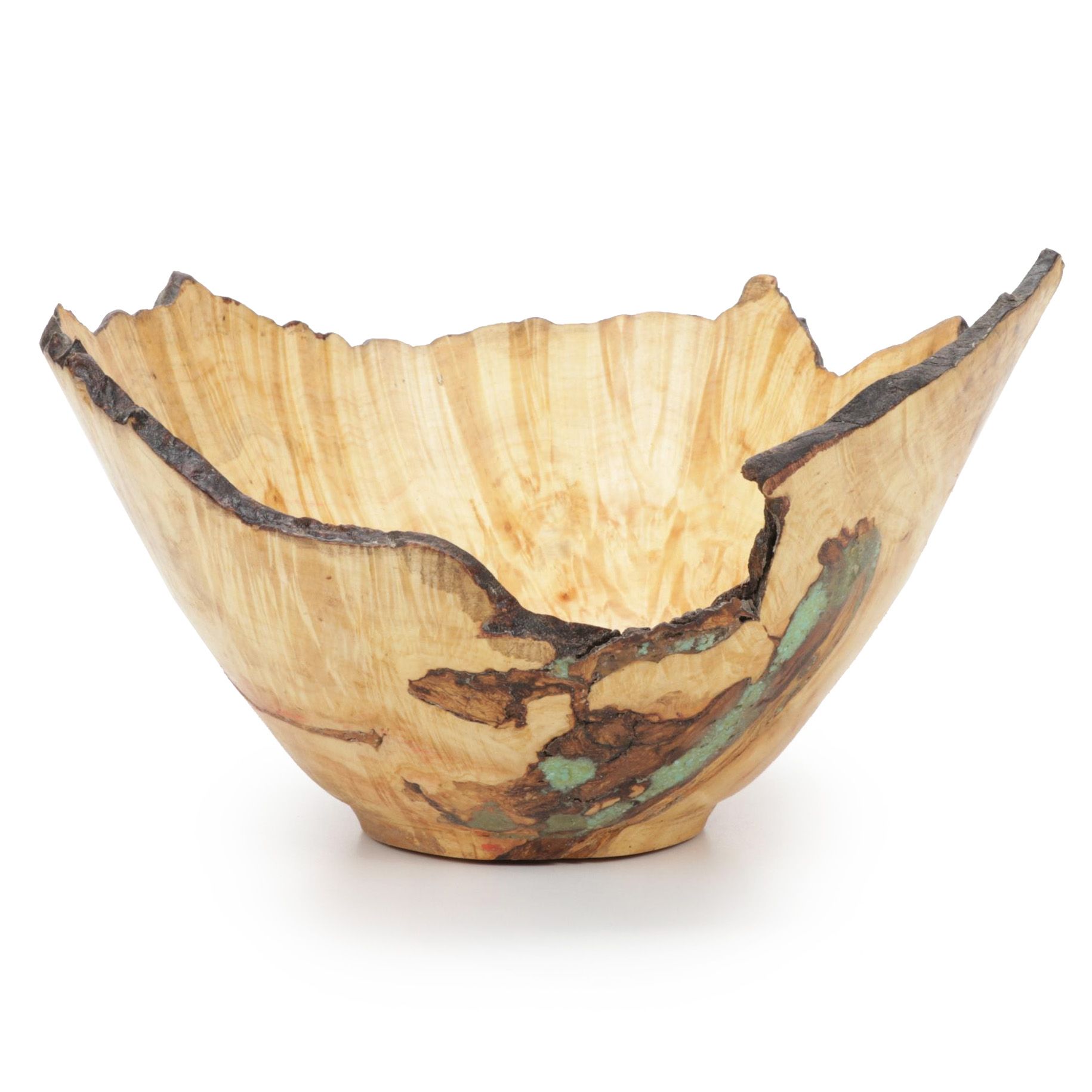 Jim Eliopulos Turned Live Edge Box Elder Burl Wood Bowl with Turquoise Inlay